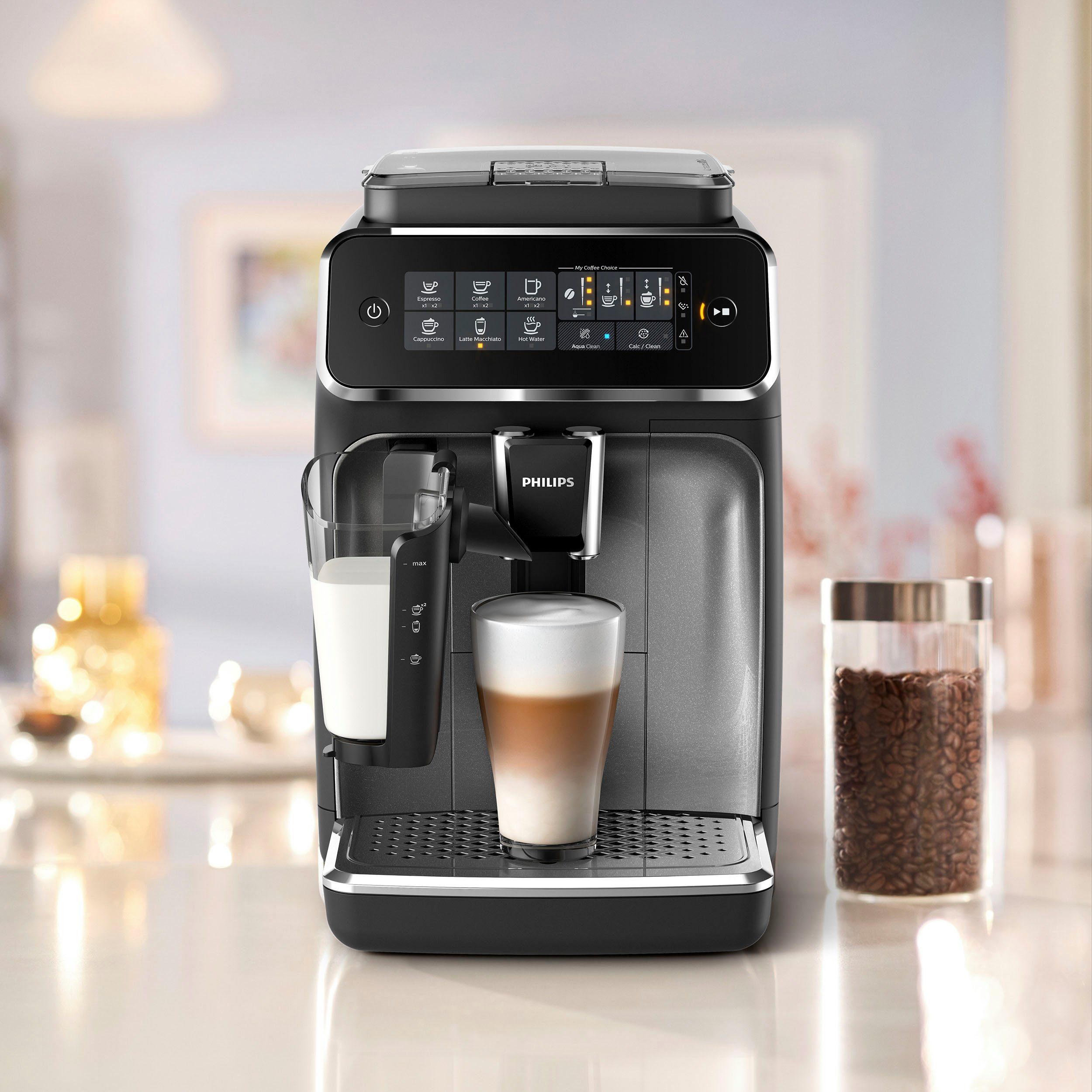Philips Kaffeevollautomat 3200 Serie EP3246/70 LatteGo, für 5 Kaffeespezialitäten und anpassbarer Stärke, silber schwarz