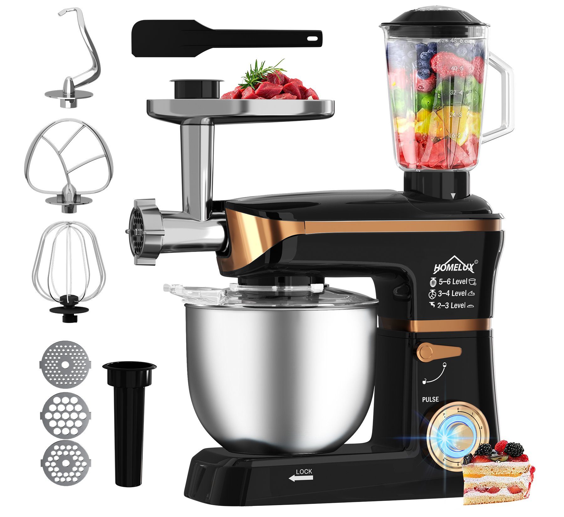 HOMELUX Küchenmaschine 3in1 Multifunktions Standmixer, 2000 W, 5 l Edelstahlschüssel, 2000,00 W, 5,00 l Schüssel, 6 Geschwindigkeiten Knetmaschine, Fleischwolf, Rührmaschine