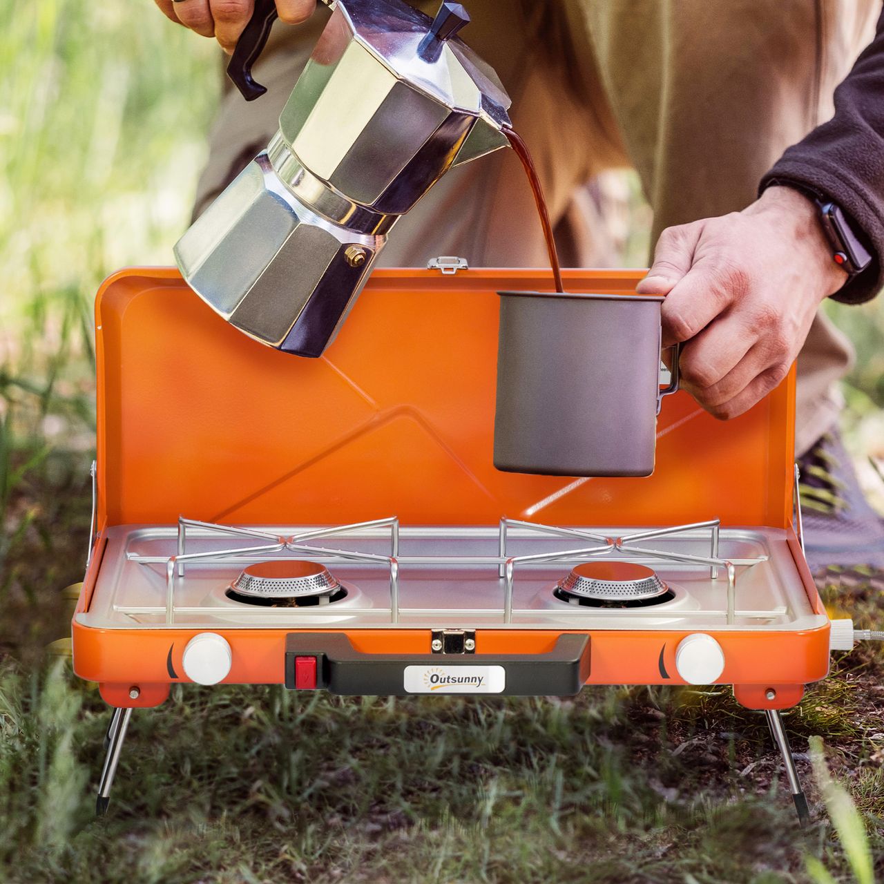 Outsunny Gasgrill, Tischgrill BBQ mit 2 Brennern, Klappbares Tischgasgrill