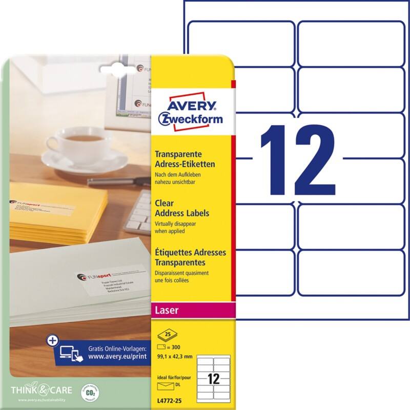 AVERY Zweckform Abziehhilfe QuickPEEL Wasserabweisend Selbsthaftend Adressetiketten L4772-25 Selbsthaftend DIN A4 Transparent 99,1 x 42,3 mm 25 Blatt à 12 Etiketten
