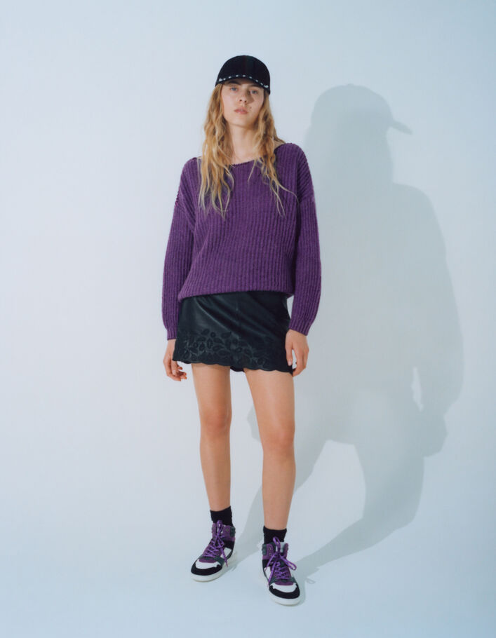 Pull violet tricot à côtes et détails lurex Femme