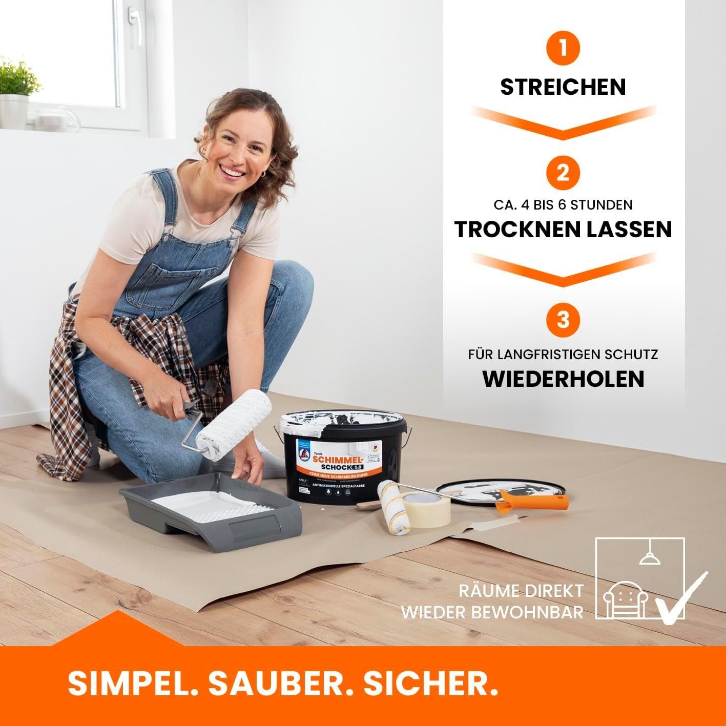 Tonis SCHIMMELSCHOCK Wandfarbe SCHIMMELSCHOCK 5.0 Antimikrobielle Spezialfarbe zur Schimmelbekämpfung, Gebinde 4,5 L für 18 m2