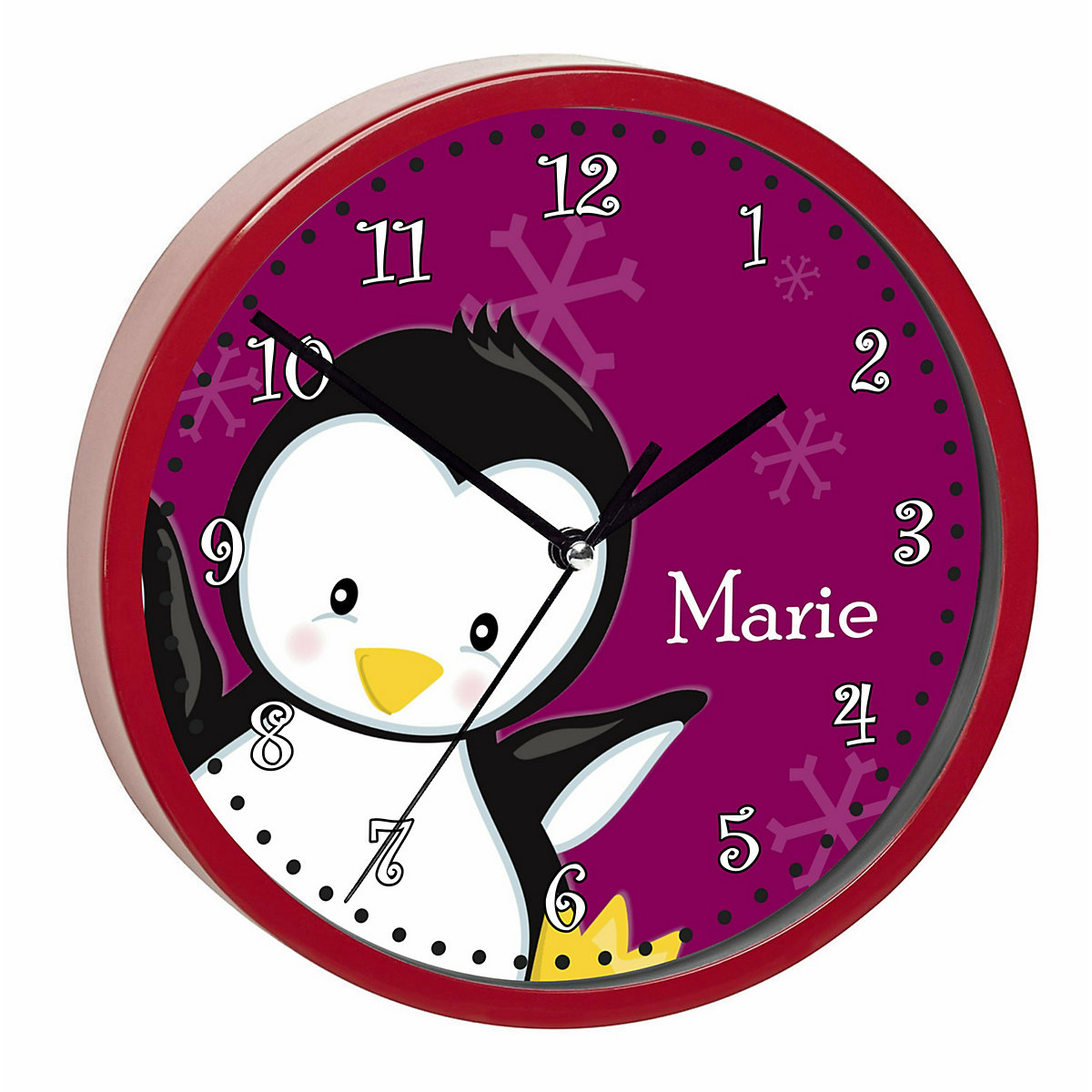 Kinder Wanduhr personalisiert mit Name Pinguin brombeere
