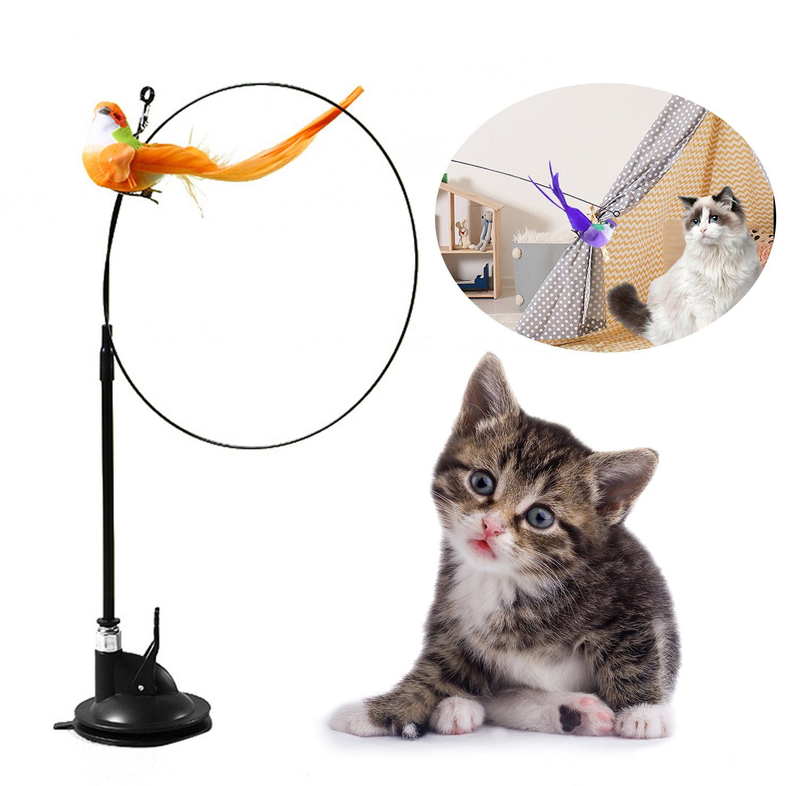 Rutaqian Tier-Intelligenzspielzeug Katzenstab Spielzeug Mit Federn für Katzen Federspielzeug Mit Saugnap, Interaktives Katzenspielzeug Angel mit Feder,Zufällige Farbe