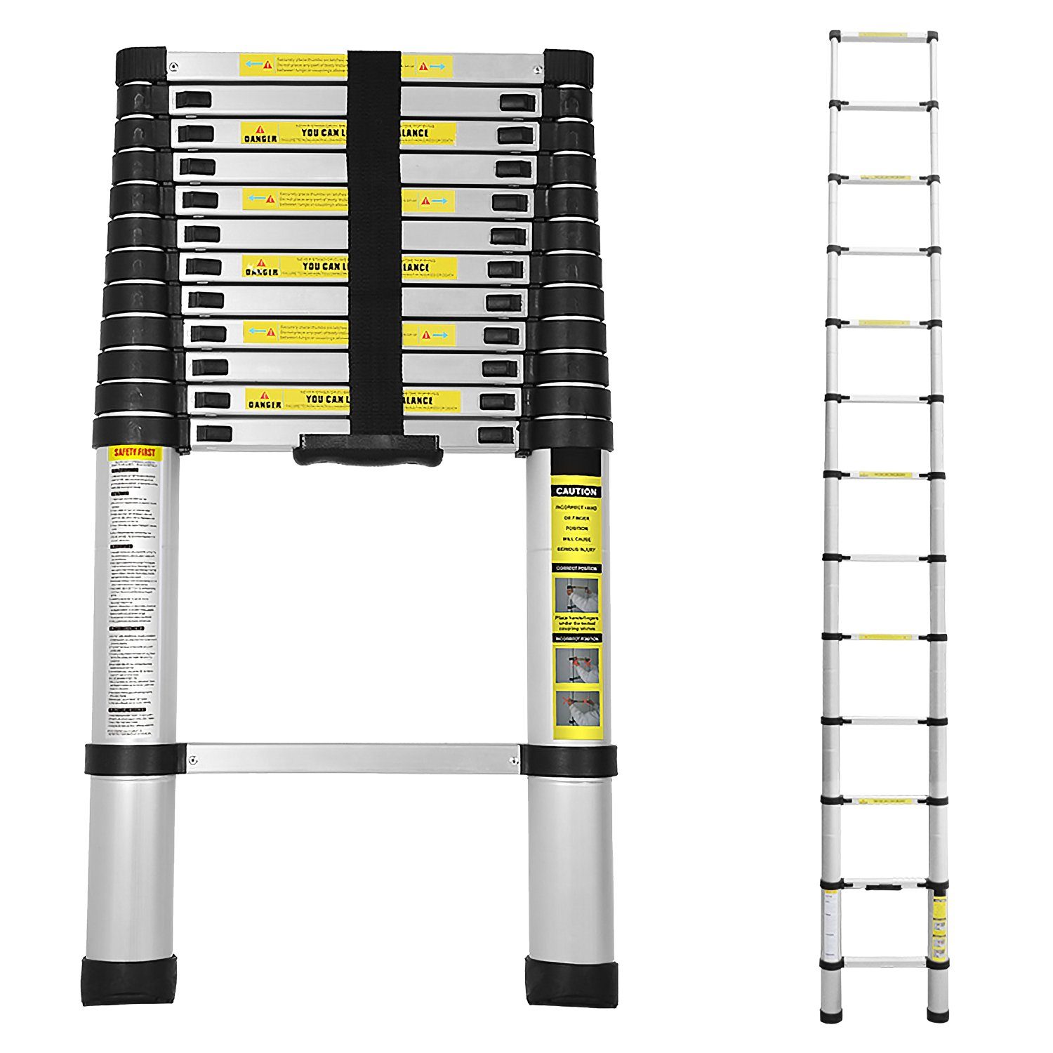 Lospitch Teleskopleiter Teleskopleiter Alu 3.8m Ausziehleiter Anlegeleiter Silber