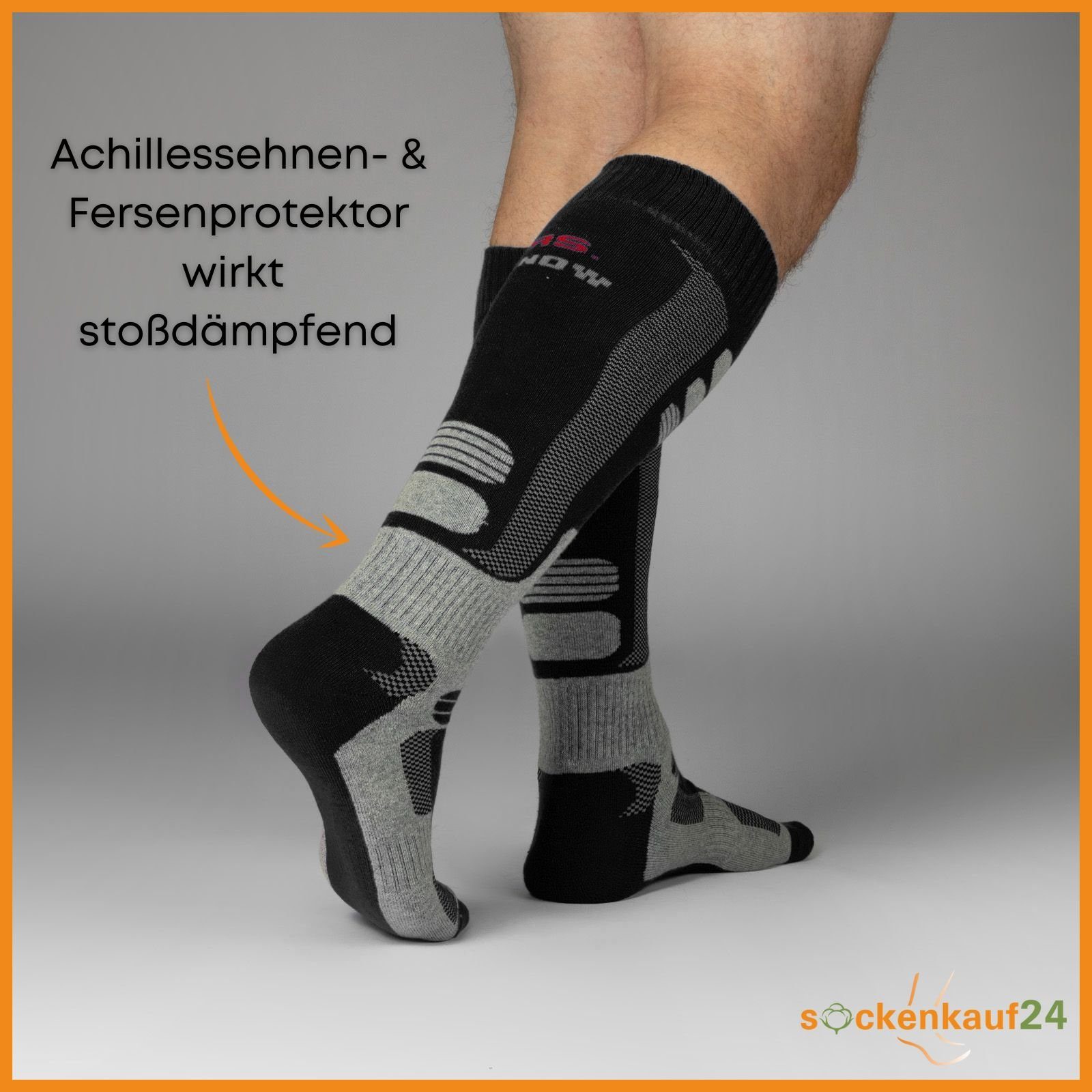 sockenkauf24 Skisocken 2 Paar Ski Strümpfe Herren & Damen Ski Socken lang (Schwarz/Schwarz, 43-46) Atmungsaktiv - 42816 WP