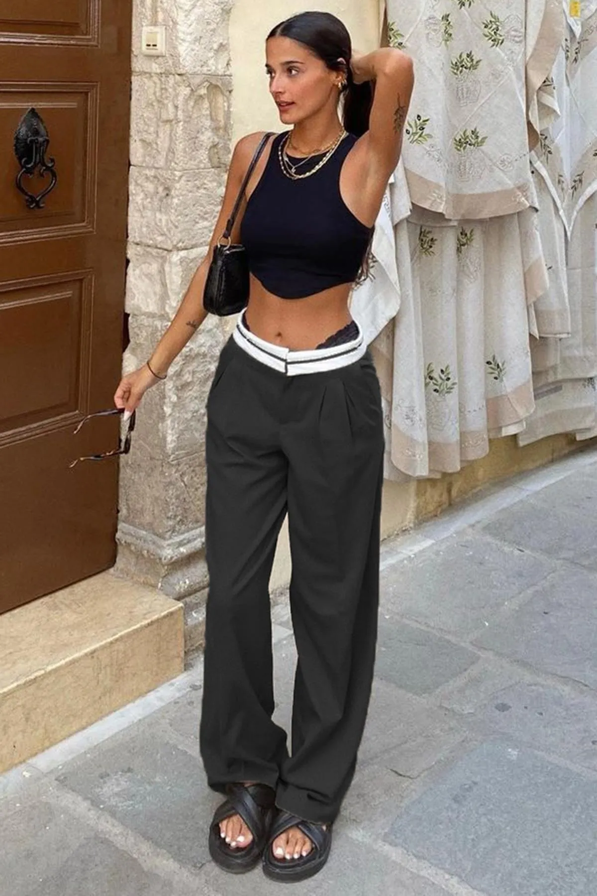 Madmext  Schwarze Hose mit weitem Bein und Gürteldetail Mg1834