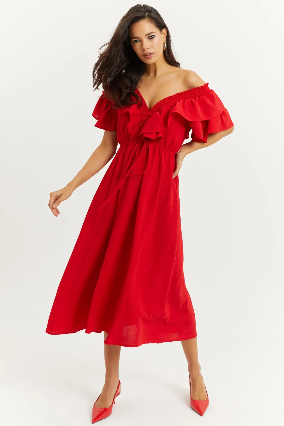 Cool & Sexy  Rotes Damen-Volantkleid mit V-Ausschnitt vorne und hinten KS113