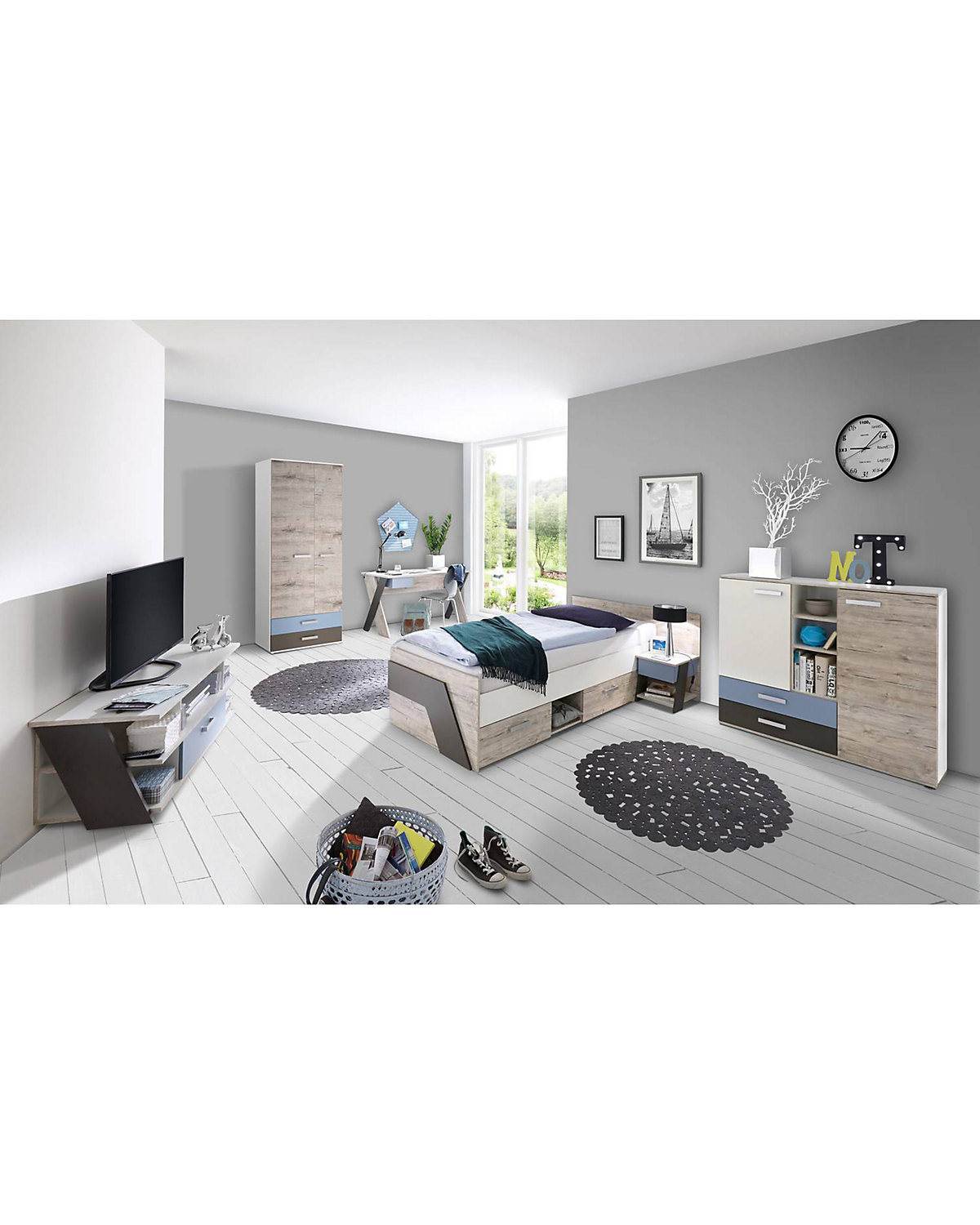 Kleiderschrank LEEDS-10 mit 2 Türen und 2 Schubkästen, Sandeiche Nb./weiß/Lava/Denim, B/H/T ca. 75,6/193,5/60,0 cm