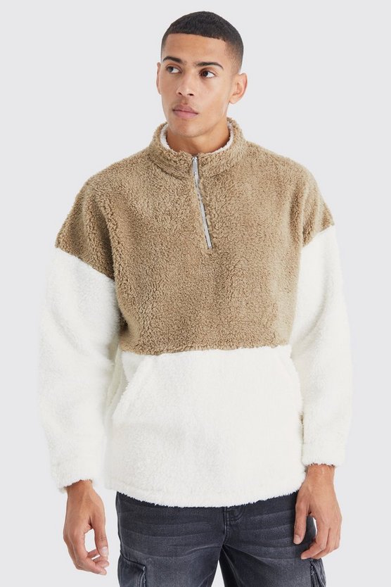 Oversize Borg Colorblock Sweatshirt mit 1/4 Reißverschluss