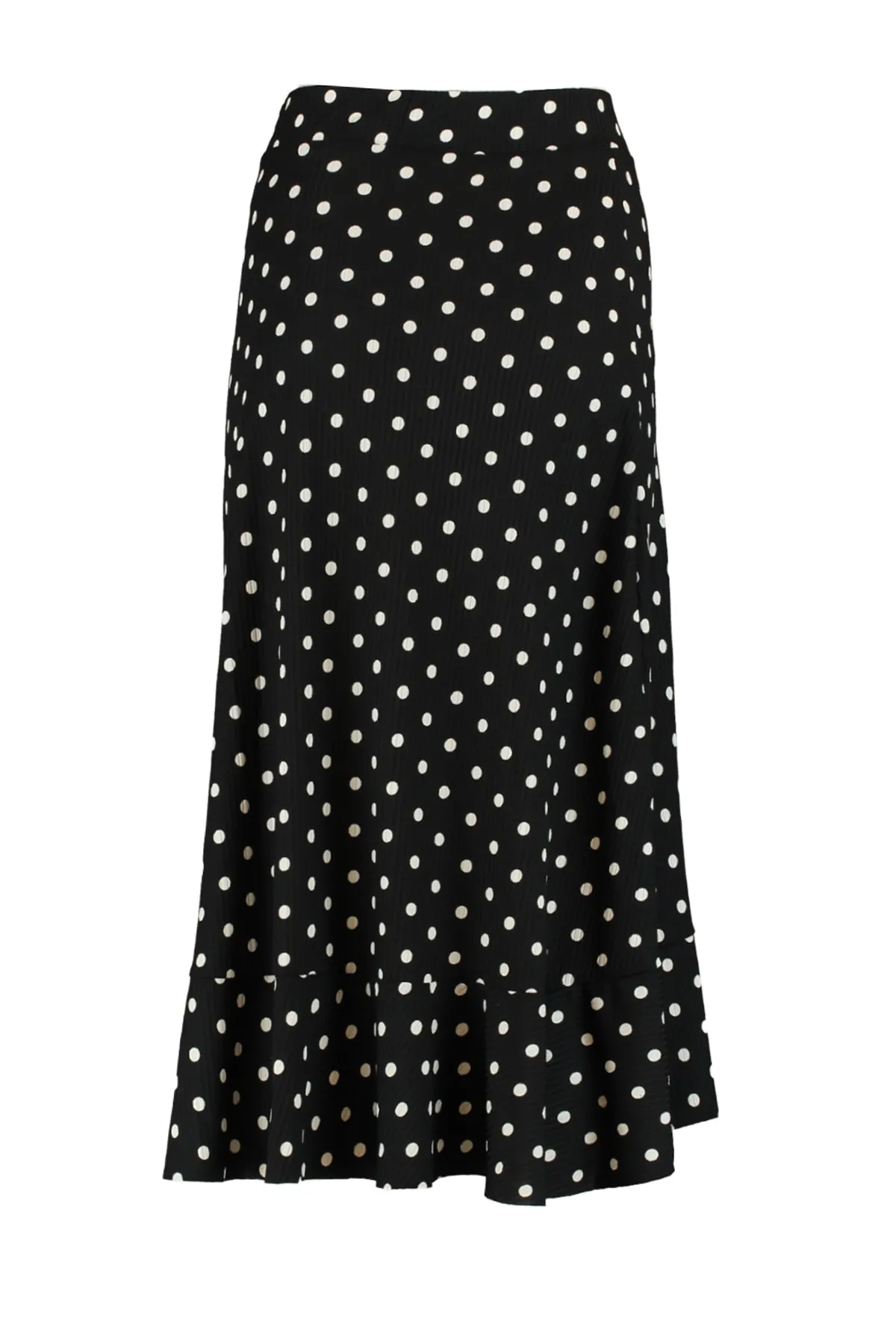 Trendyol Collection  Schwarzer Midi-Stretch-Strickrock mit hohem Bund und Tupfenmuster, Raffung und Volant TWOSS21ET0029