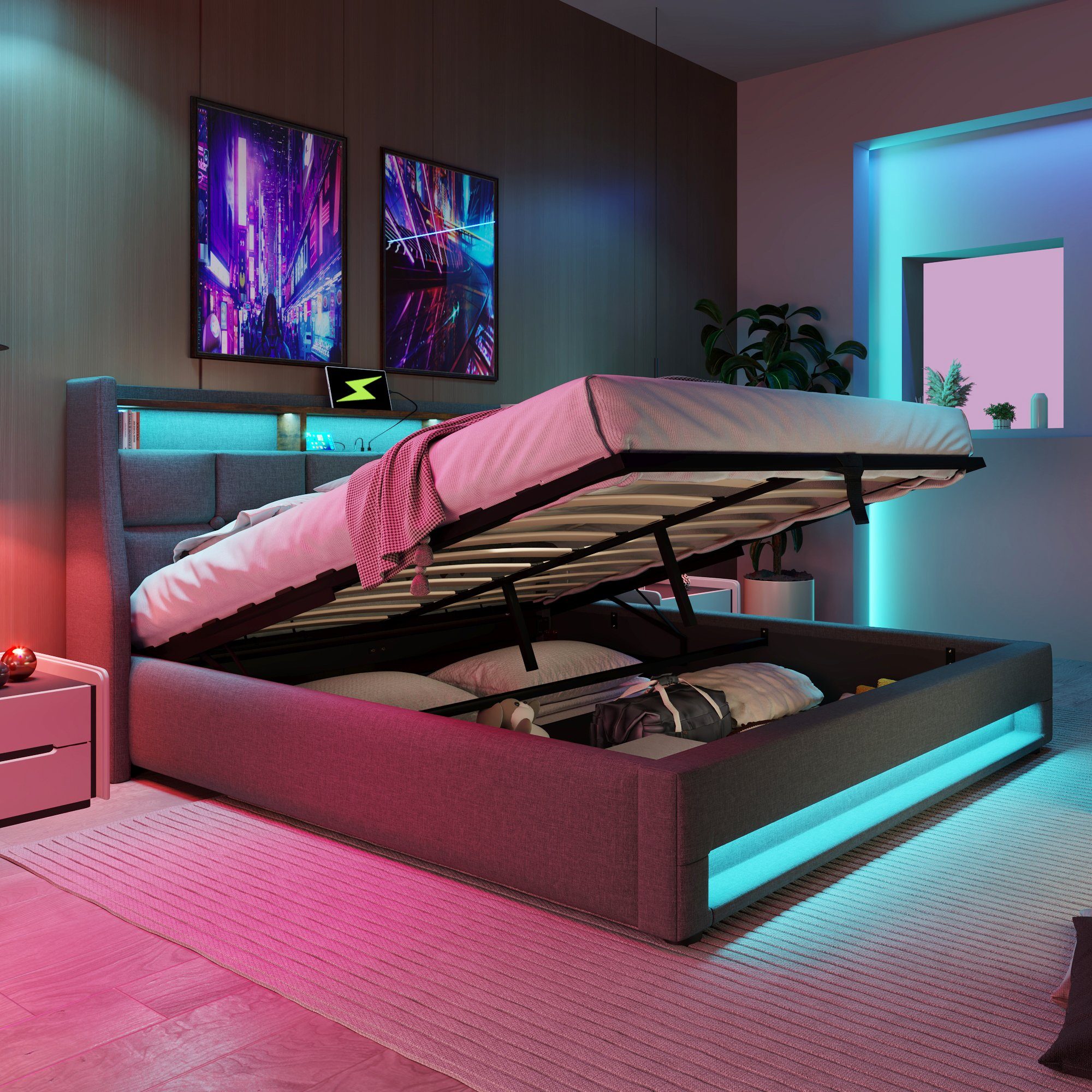 OKWISH Polsterbett Bett (LED Doppelbett Jugendbett mit USB/Typ-C Ladeanschluss), 160 x 200 cm Inklusive Matratze
