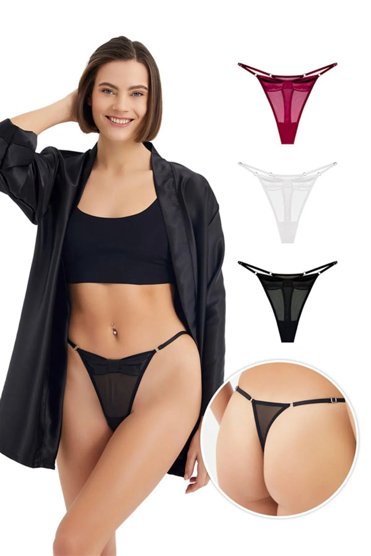 Cottonhill  Transparenter Tüll-Satin, detaillierter, verstellbarer, elastischer Damen-Tanga, 3er-Pack