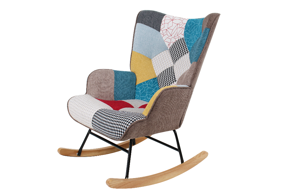 Better Home Skandinavischer Schaukelstuhl Schwingsessel Akzentstuhl CHESTER bis 120 kg, Stoffbezug Patchwork bunt
