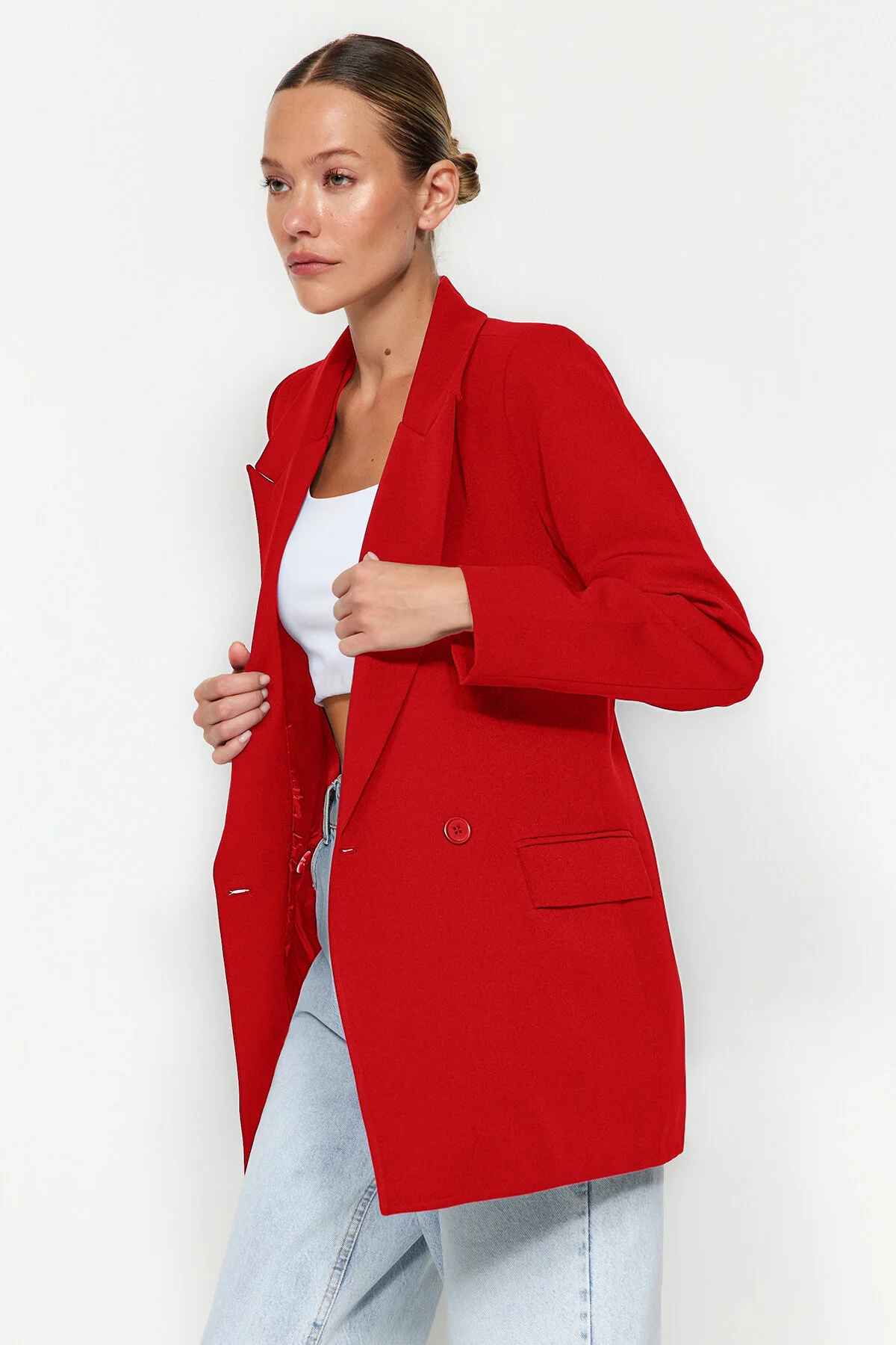 Trendyol Collection  Roter, normal gefütterter, zweireihiger, gewebter Blazer mit Verschluss TWOSS20CE0059