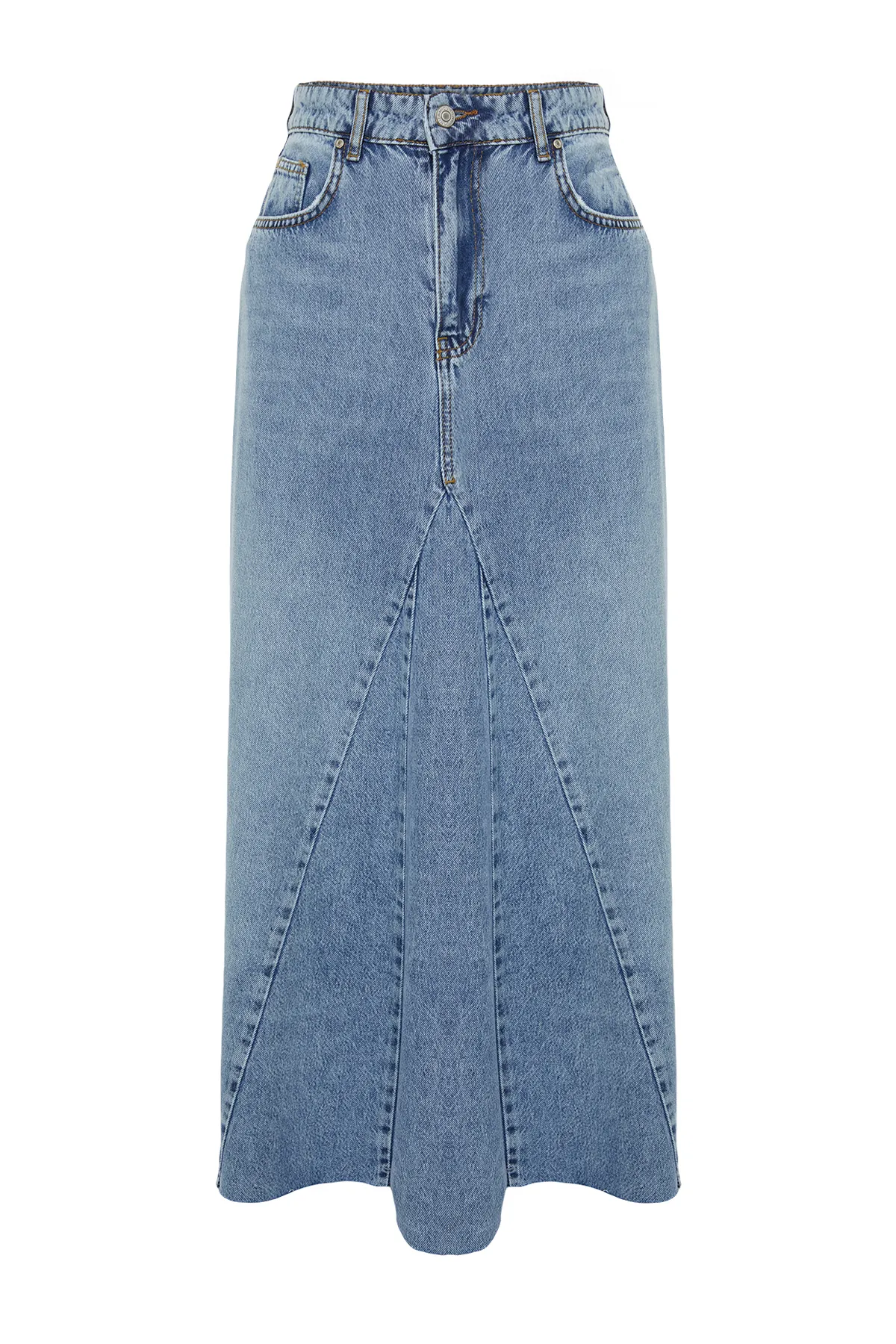 Trendyol Collection  Blauer Volant-Näh-detaillierter Maxi-Jeansrock mit hoher Taille TWOSS24ET00012