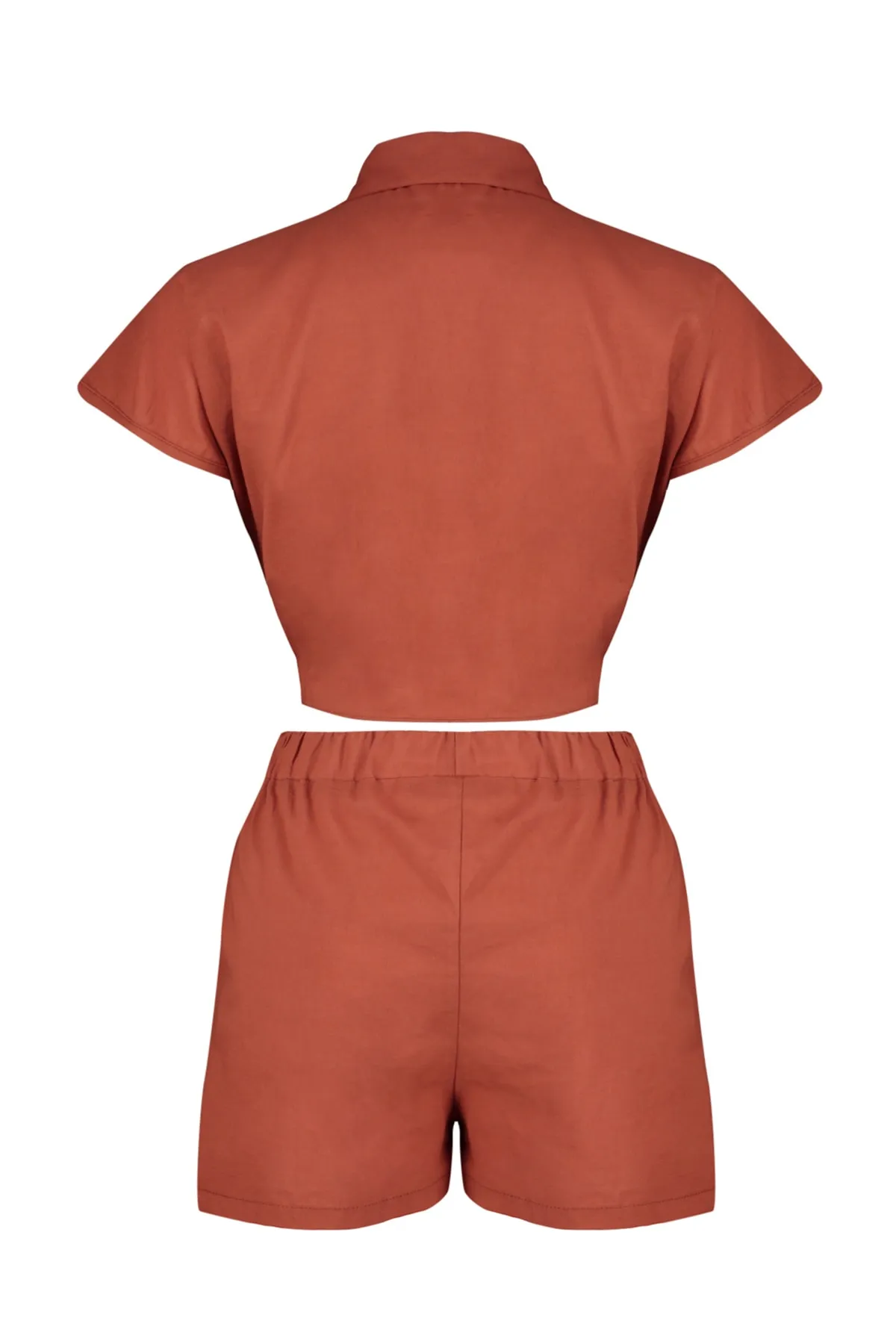 Trendyol Collection  Braunes, gewebtes Hemd-Shorts-Set aus 100 % Baumwolle mit Bindeband, TBESS23AU00146