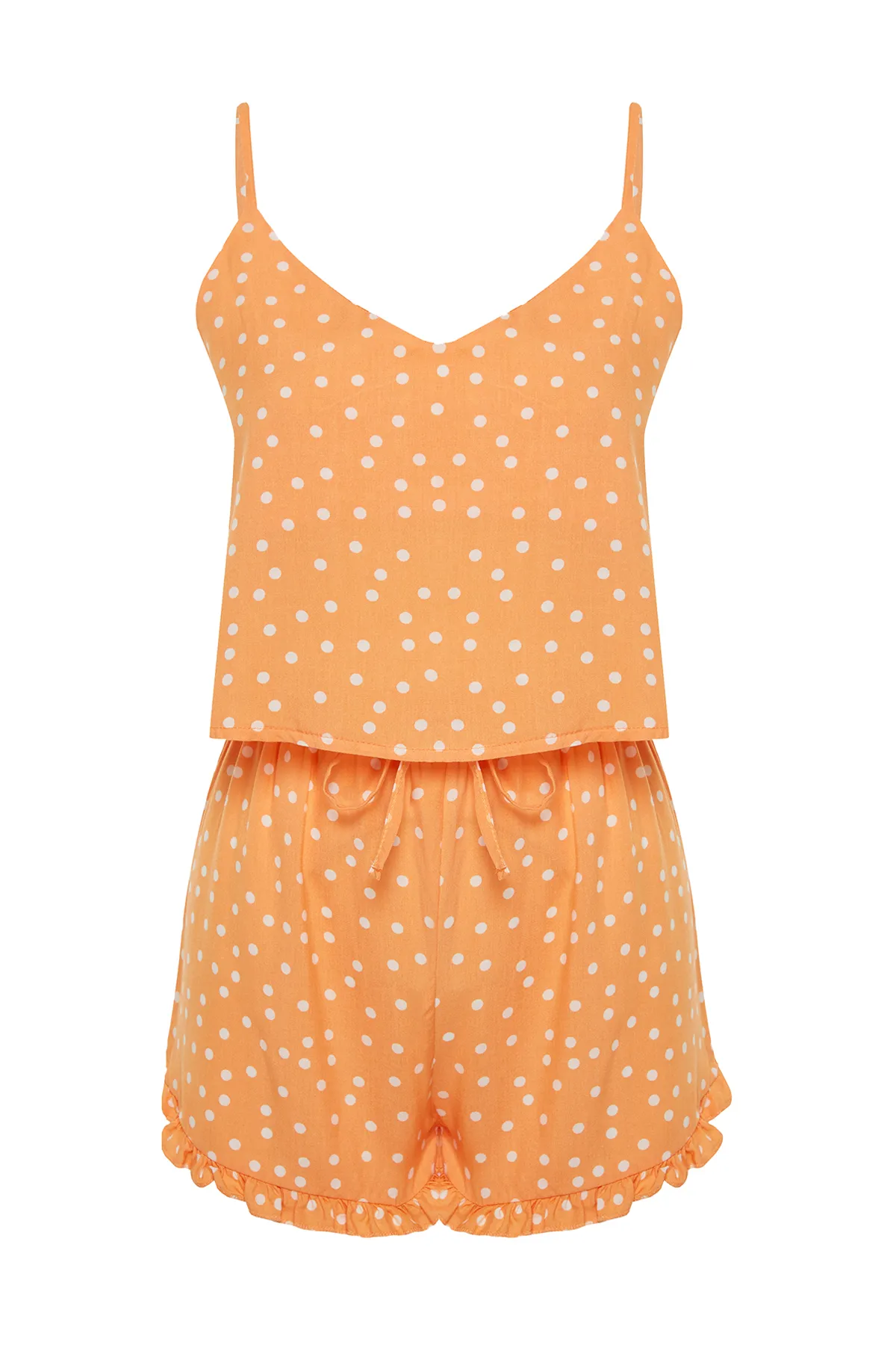 Trendyol Collection  Lachsfarbenes Pyjama-Set aus Viskosegewebe mit Rüschen und Punkten, Kordelriemen und Bindedetail THMSS21PT0742