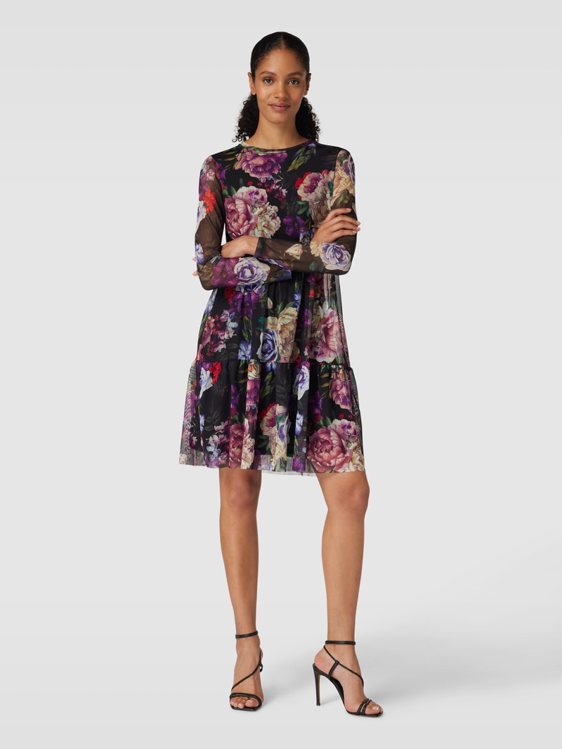 Knielanges Kleid mit floralem Muster in schwarz