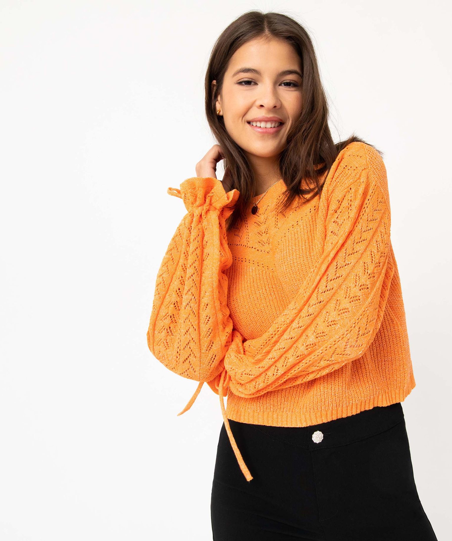 Pull femme coupe courte en maille ajourée orange | GEMO