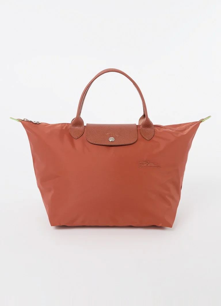 Geantă verde Longchamp Le Pliage, mărimea M, cu detalii din piele.