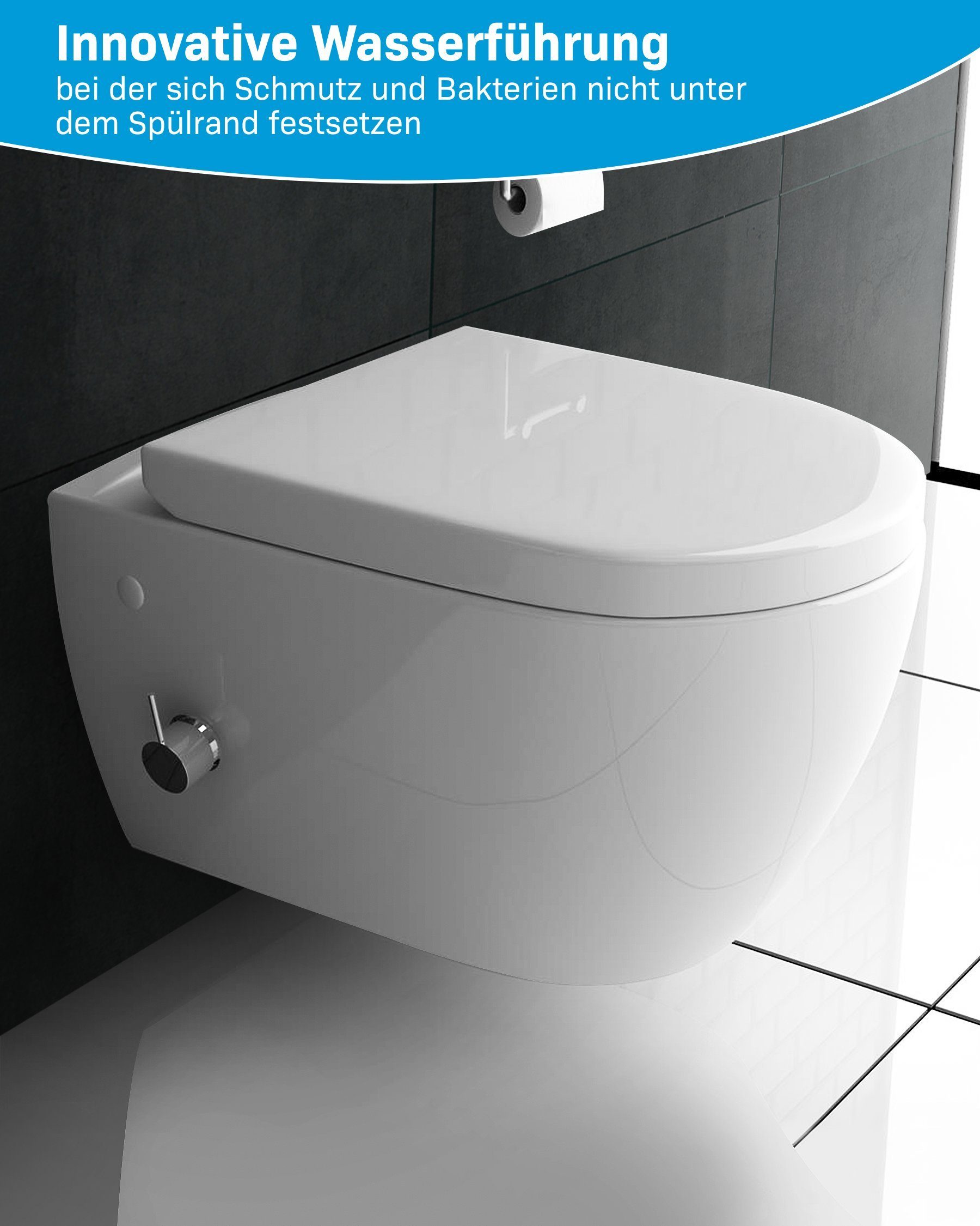 Alpenberger Tiefspül-WC - Spülrandloses WC mit Bidet Funktion und Einhebelarmatur - Hänge WC, Wandmontage, Abgang Waagerecht, Toilette Komplett Set Passend zu Geberit, Dusch WC - Taharet WC - Made in EU