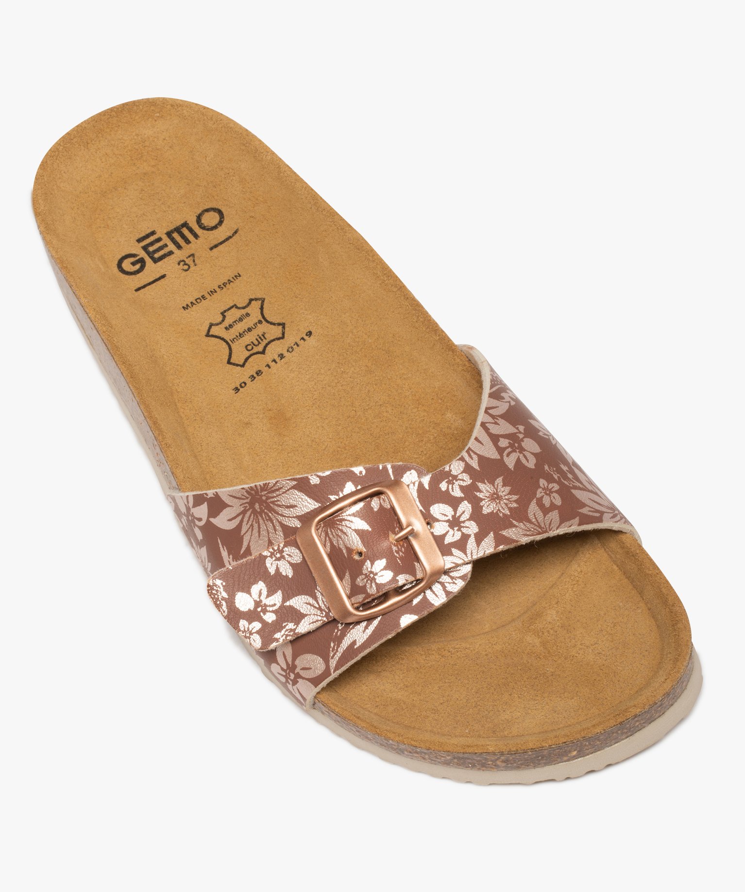 Mules femme à bride à boucle imprimée fleurs marron | GEMO