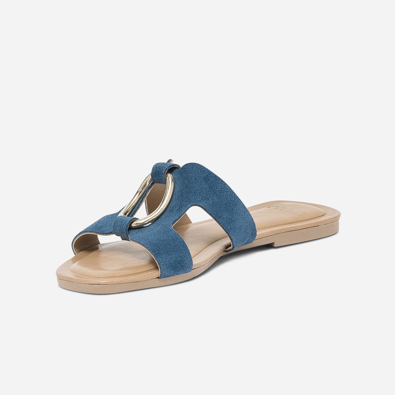 Mule bleue en cuir velours avec anneau