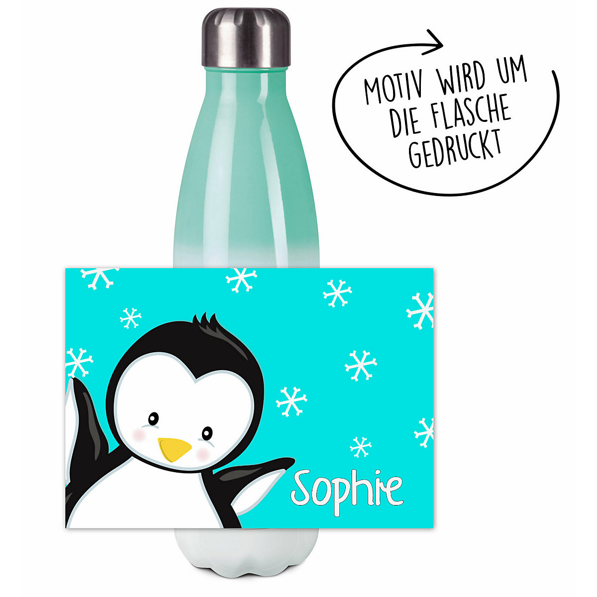 Edelstahl Kinder Thermoflasche / Trinkflasche bunt Pinguin Farbe türkis Spülmaschinenfest, Auslaufsicher, Bruchfest, Doppelwandig, Für Heißgetränke geeignet, Mit Deckel, Isoliert