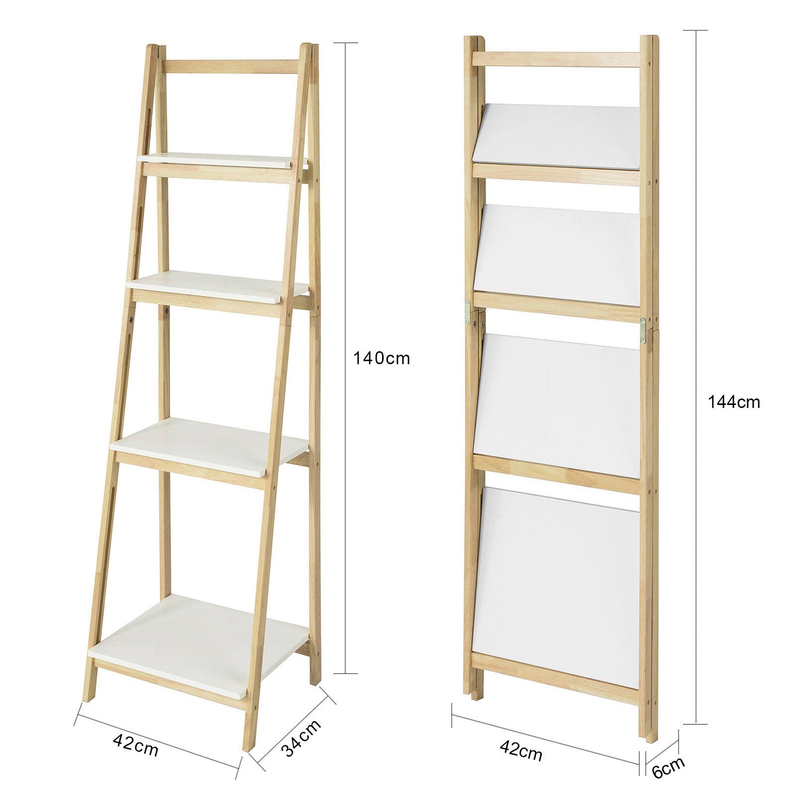 SoBuy Leiterregal FRG162, Standregal Bücherregal mit 4 Böden Kautschukholz und MDF klappbar