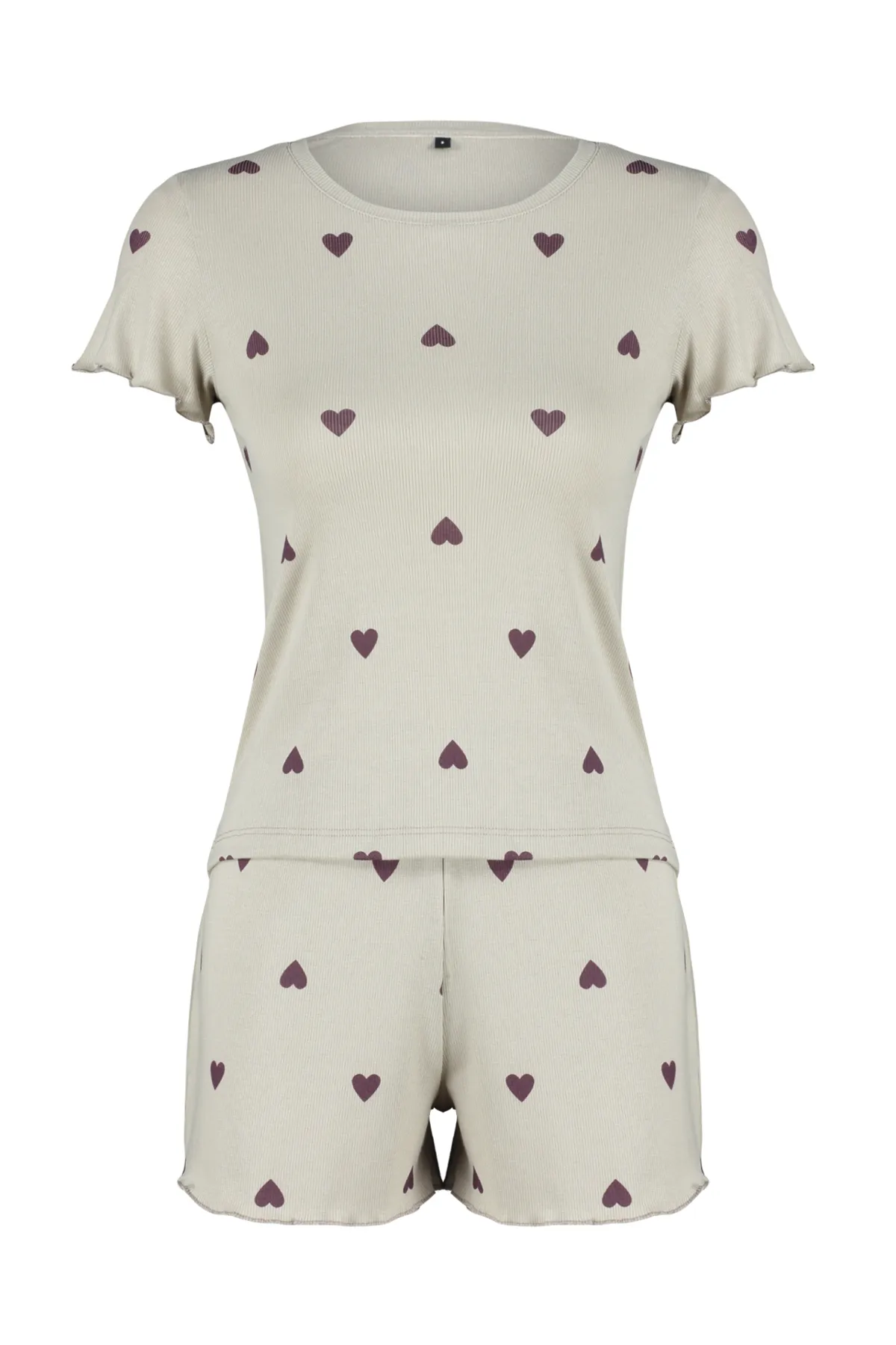 Trendyol Collection  Pyjama-Set aus geripptem Strick mit bedrucktem Gummi und „Mint Heart“-Slogan THMSS24PT00220