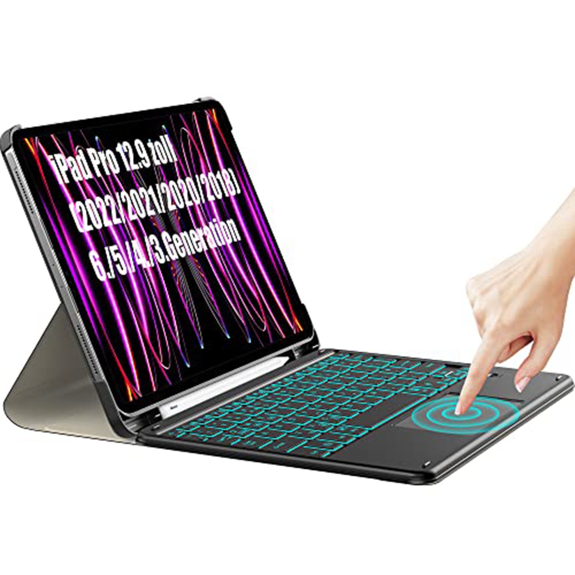 Tisoutec Tastatur Hülle für iPad Pro 12.9 mit Touchpad 2022/2021/2020/2018 Tablet-Tastatur (Kabellose Beleuchtete QWERTZ Tastatur für iPad 12.9(6/5/4/3.Generation)