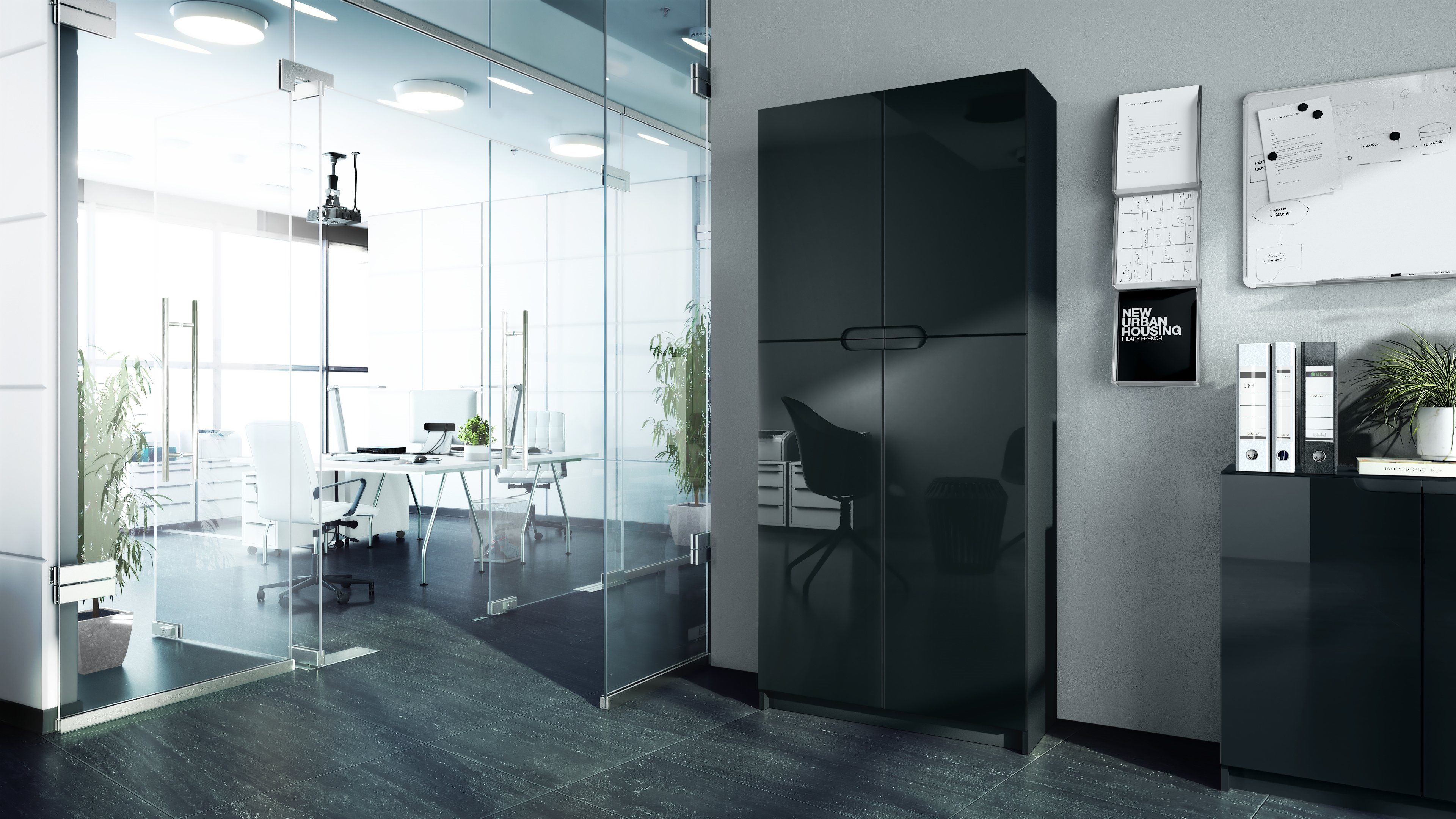 Vladon Aktenschrank Logan (Aktenschrank, mit 5 Fächern und 4 Türen) Schwarz matt/Schwarz Hochglanz (82 x 185 x 37 cm)