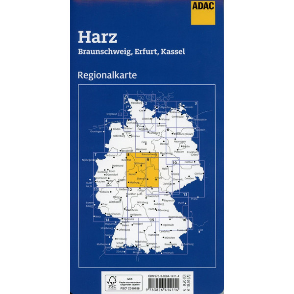 ADAC Regionalkarte Blatt 8  Harz, Braunschweig, Erfurt, Kassel 1:150 000 - Straßenkarte