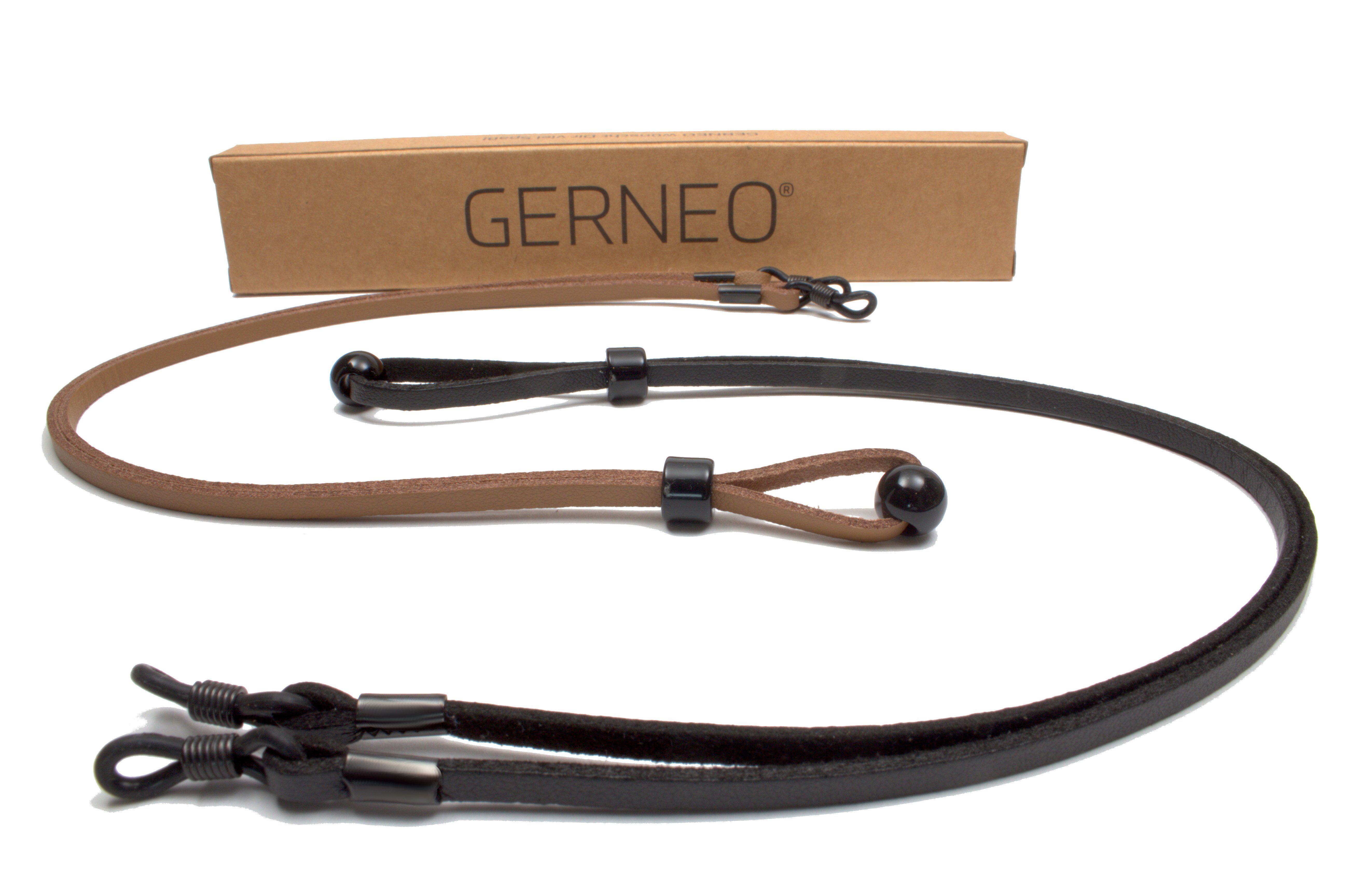 GERNEO Brillenband GERNEO® - Madrid – hochwertiges Brillenband Leder- & Wildlederoptik, PU Brillenkordel – Band schwarz & hellbraun – Halterungen schwarz