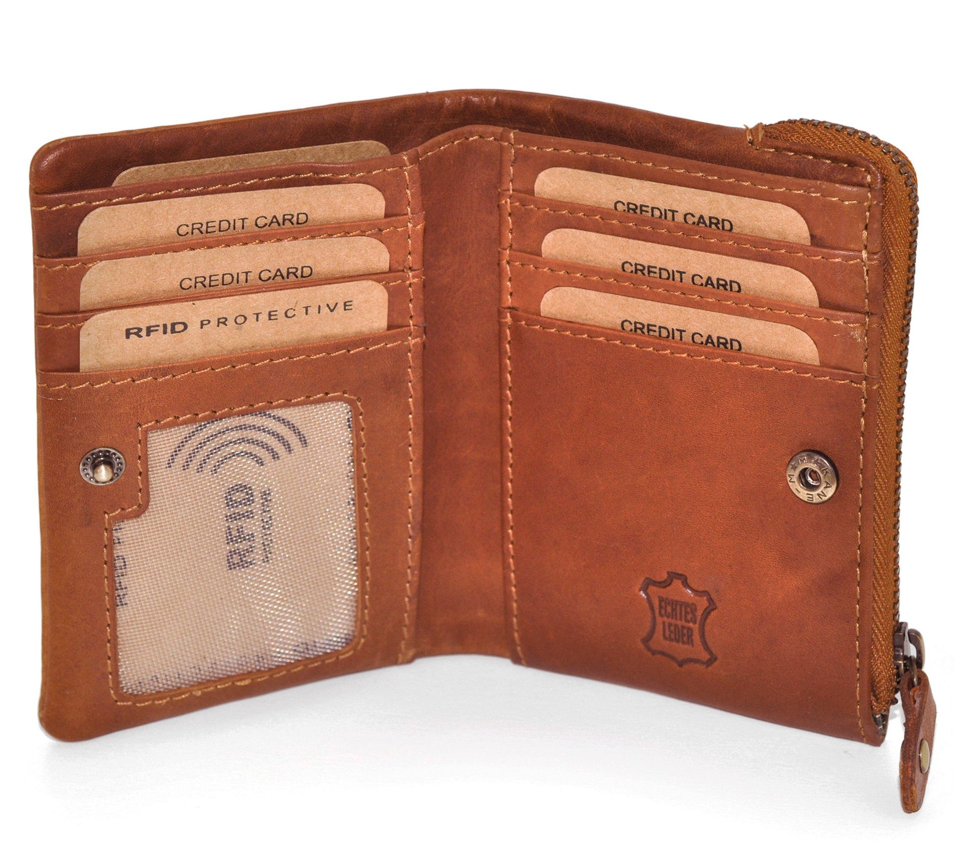 Benthill Geldbörse Klein Echt Leder Geldbeutel RFID Schutz 6 Kartenfächer Slim-Wallet, RFID-Schutz Kartenfächer Münzfach Reißverschlussfach