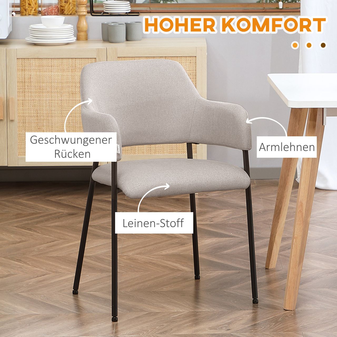 HOMCOM 2er Set Esszimmerstühle Küchenstuhl mit Rückenlehne, Leinenoptik Beige