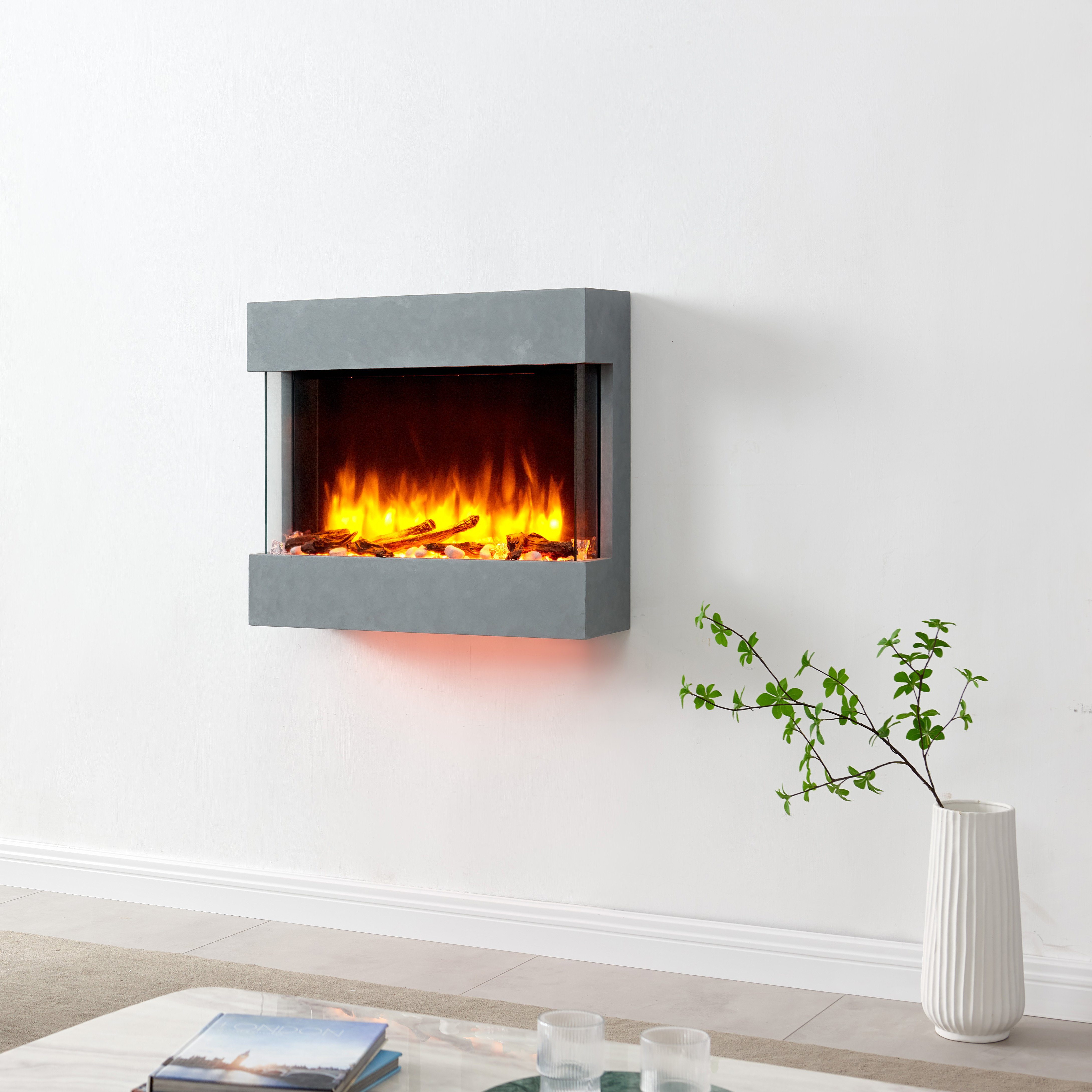 RICHEN Elektrokamin Alva, Wandkamin mit Heizung 2000W, 3D-Flammeneffekt, LED-Beleuchtung, Fernbedienung, Timer, Thermostat