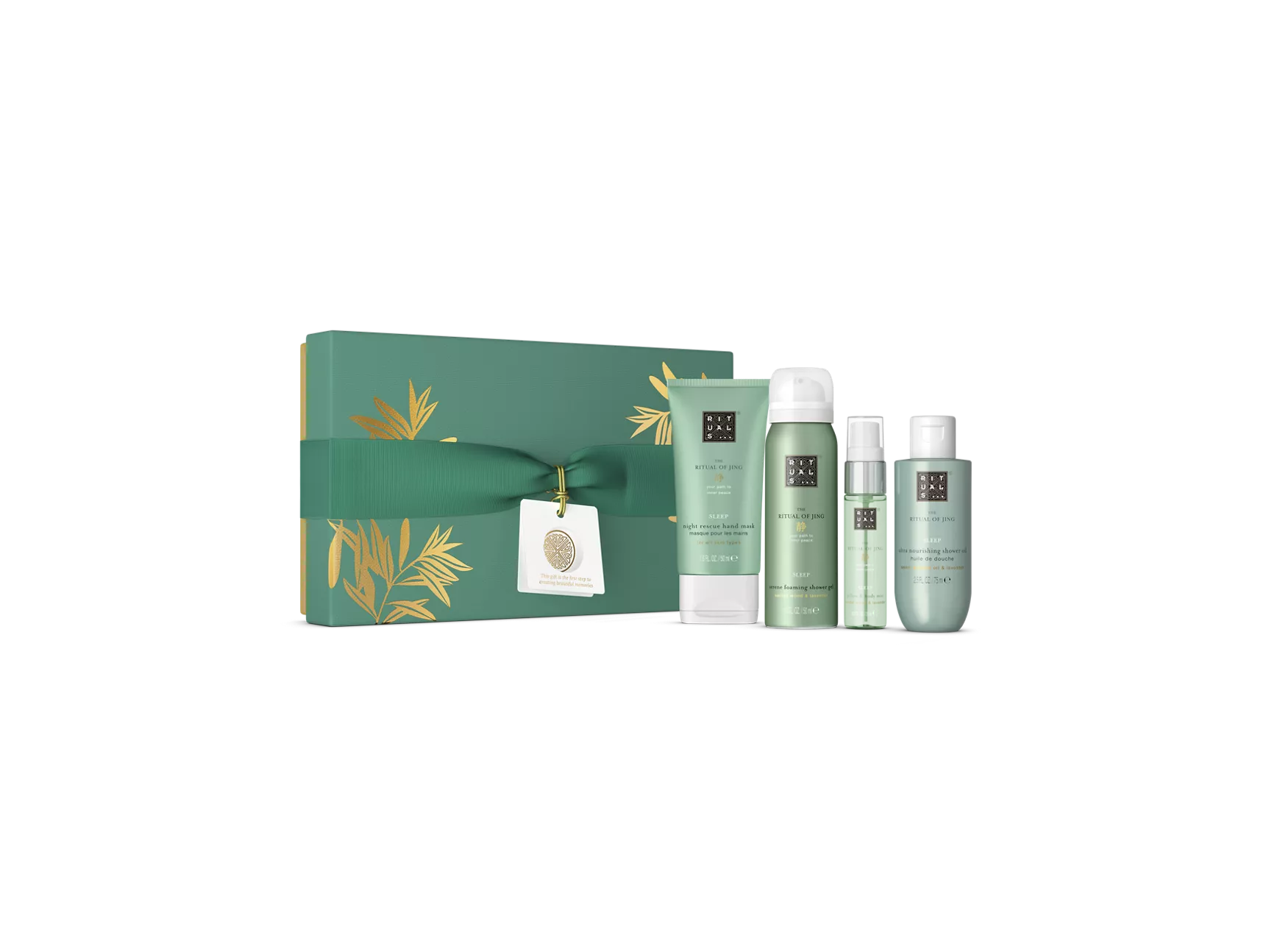 Coffret cadeau Le Rituel de Jing : mousse de douche 50 ml, masque pour les mains 50 ml, gel douche 75 ml, brume pour oreiller et corps 20 ml