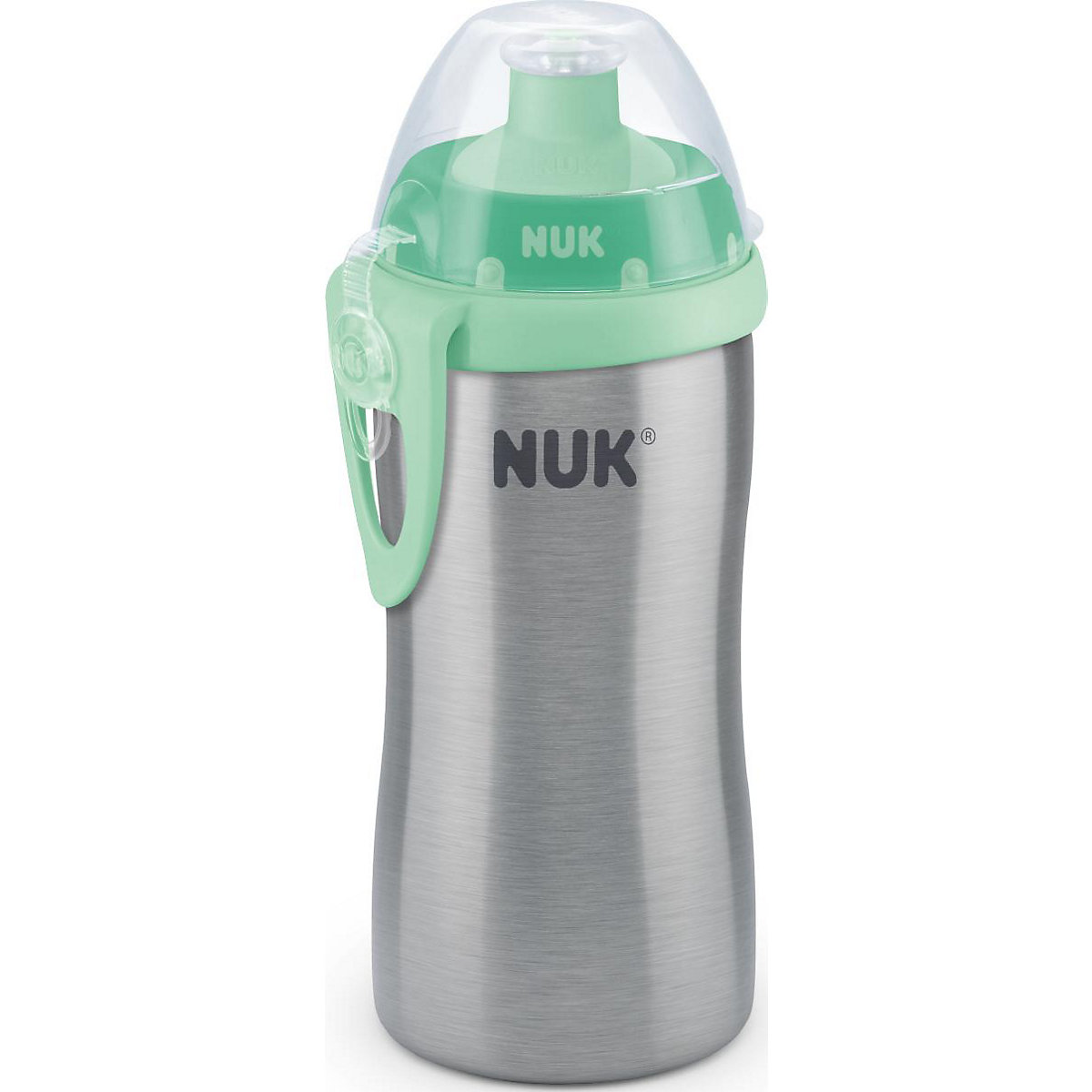 NUK Junior Cup Edelstahl, Flaschenkörper aus hochwertigem Edelstahl, mit Push-Pull-Tülle, 215ml, ab 18 Monaten, auslaufsicher, mit Clip, 1 Stück, grün
