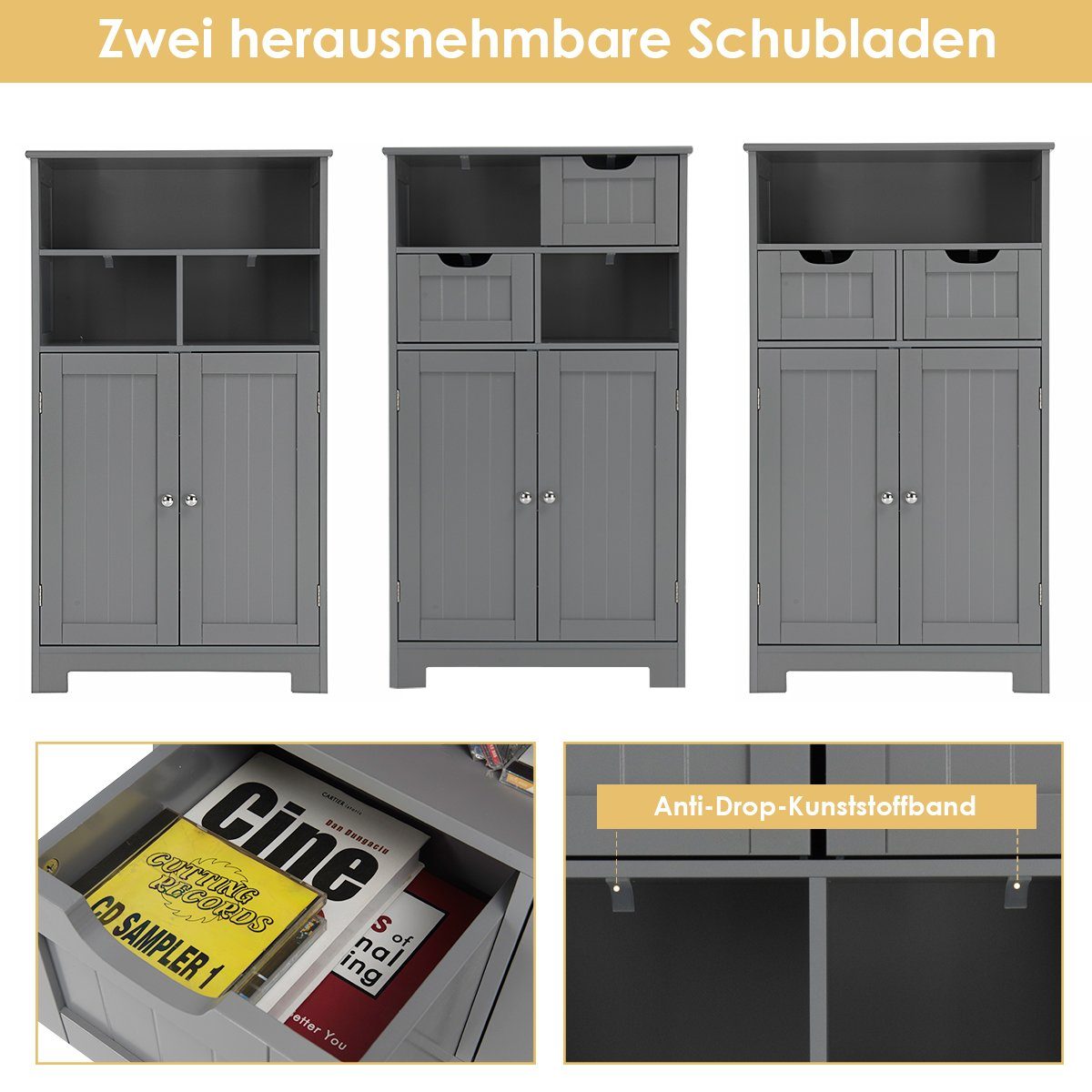 COSTWAY Badkommode, mit 2 Schubladen, Türen & 3 Fächern, Holz, 60x30x109cm