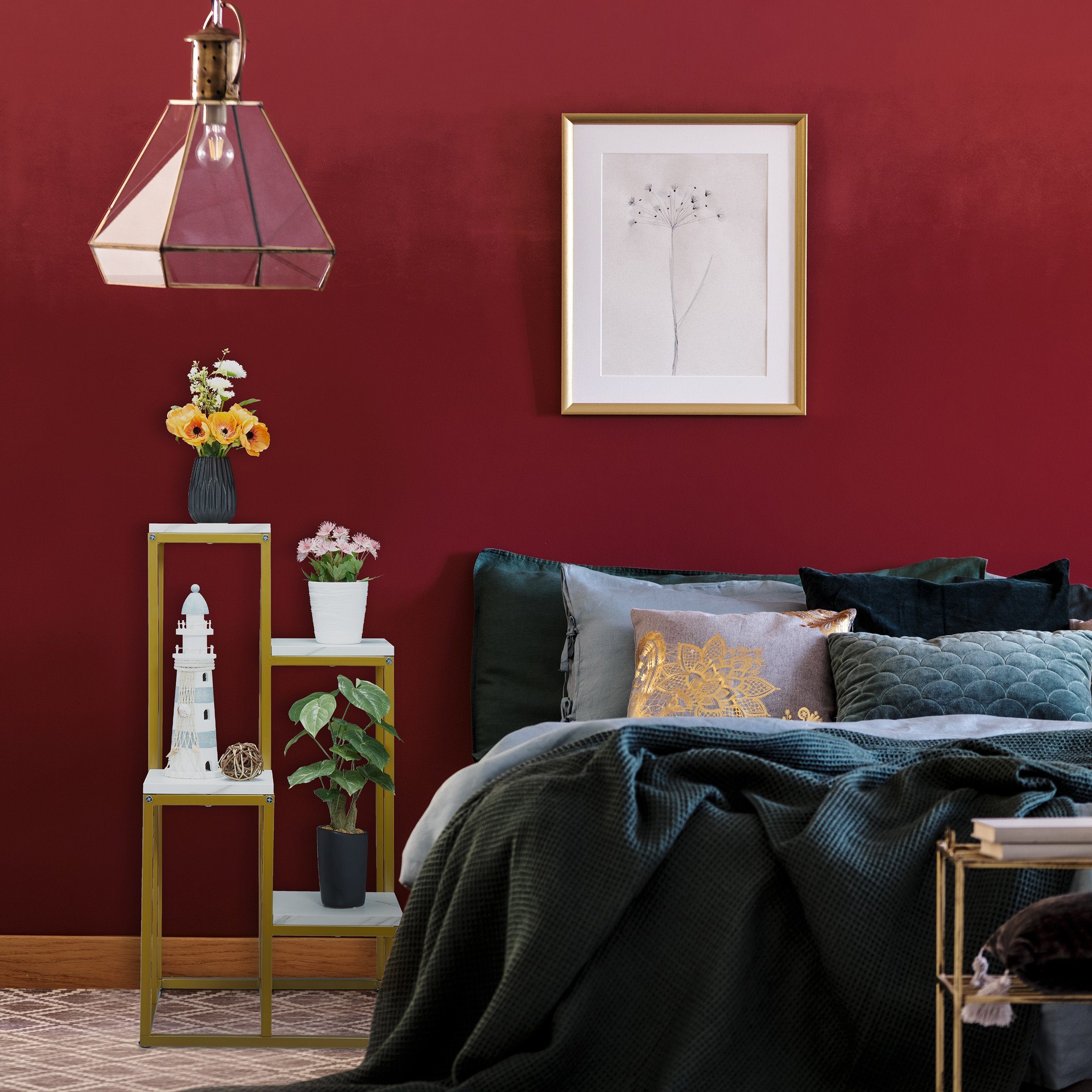 relaxdays Blumenständer Goldene Blumentreppe mit 4 Ablagen, Weiß