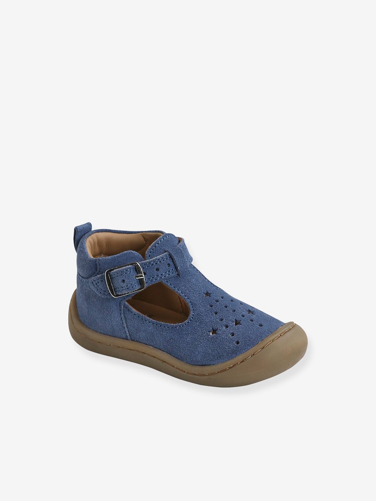 Salomés cuir souple bébé 4 pattes bleu jean