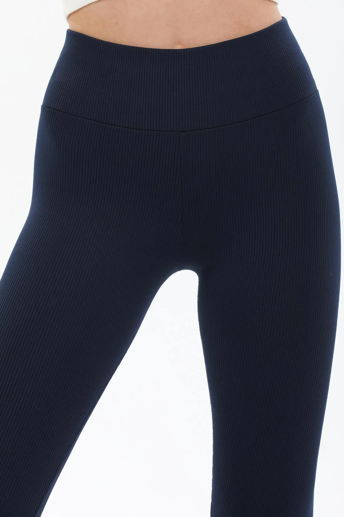 Domoda  Marineblaue, gerippte, elastische Strickstrumpfhose mit hoher Taille und Interlock-Taille