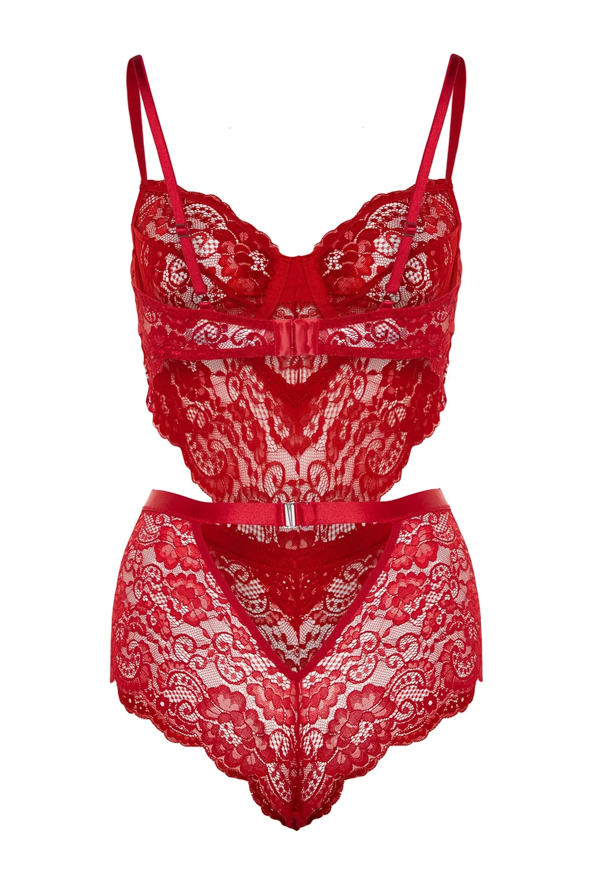 Trendyol Collection  Dunkelroter Strickbody mit gerüschtem Fenster/Ausschnitt, Seilriemen und Druckknopf THMAW23BD00026