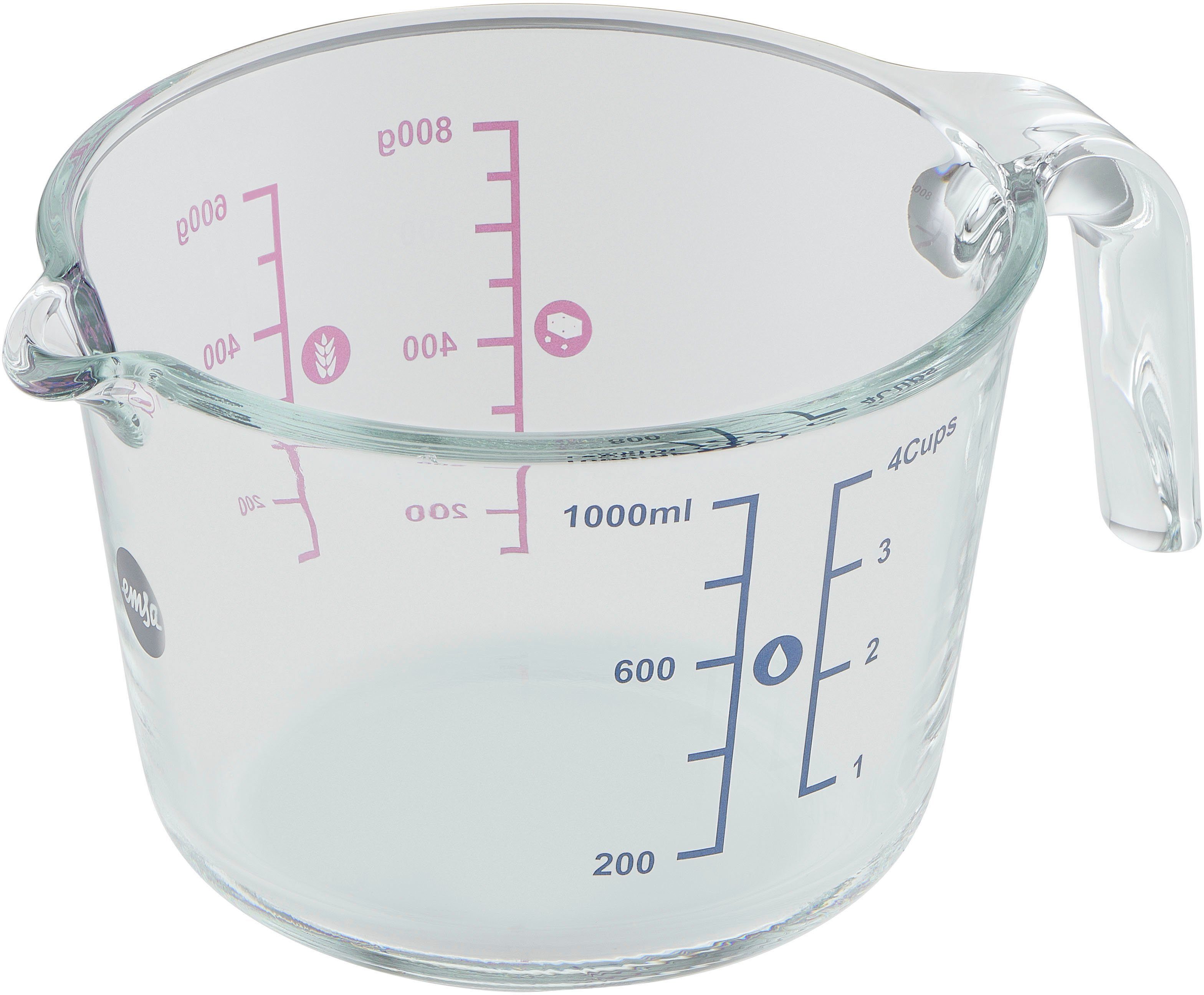 Emsa Messbecher K32361 Prep&Bake, Glas, doppelte Skalierung f. feste & flüssige Zutaten, Ausgießlippe, 1 L
