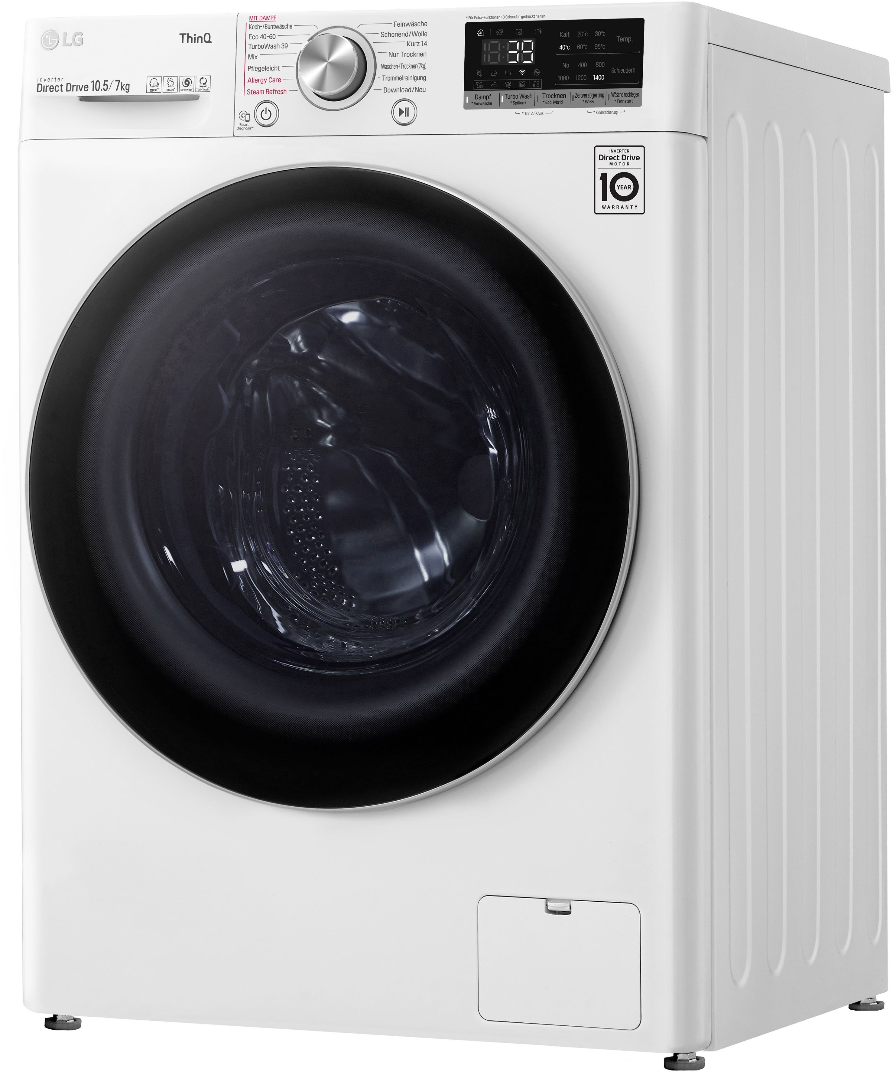 LG Waschtrockner V7WD107H2E, 10,5 kg, 7 kg, 1400 U/min, TurboWash® - Waschen in nur 39 Minuten