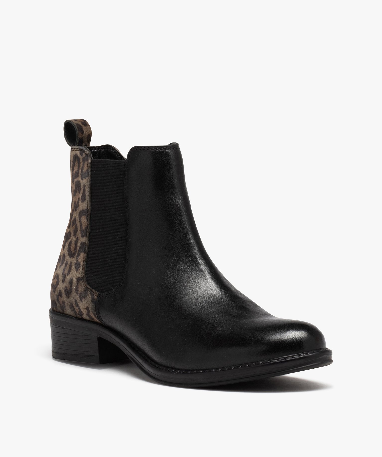 Bottines femme à talon dessus en cuir bicolore imprimé lé... noir | GEMO