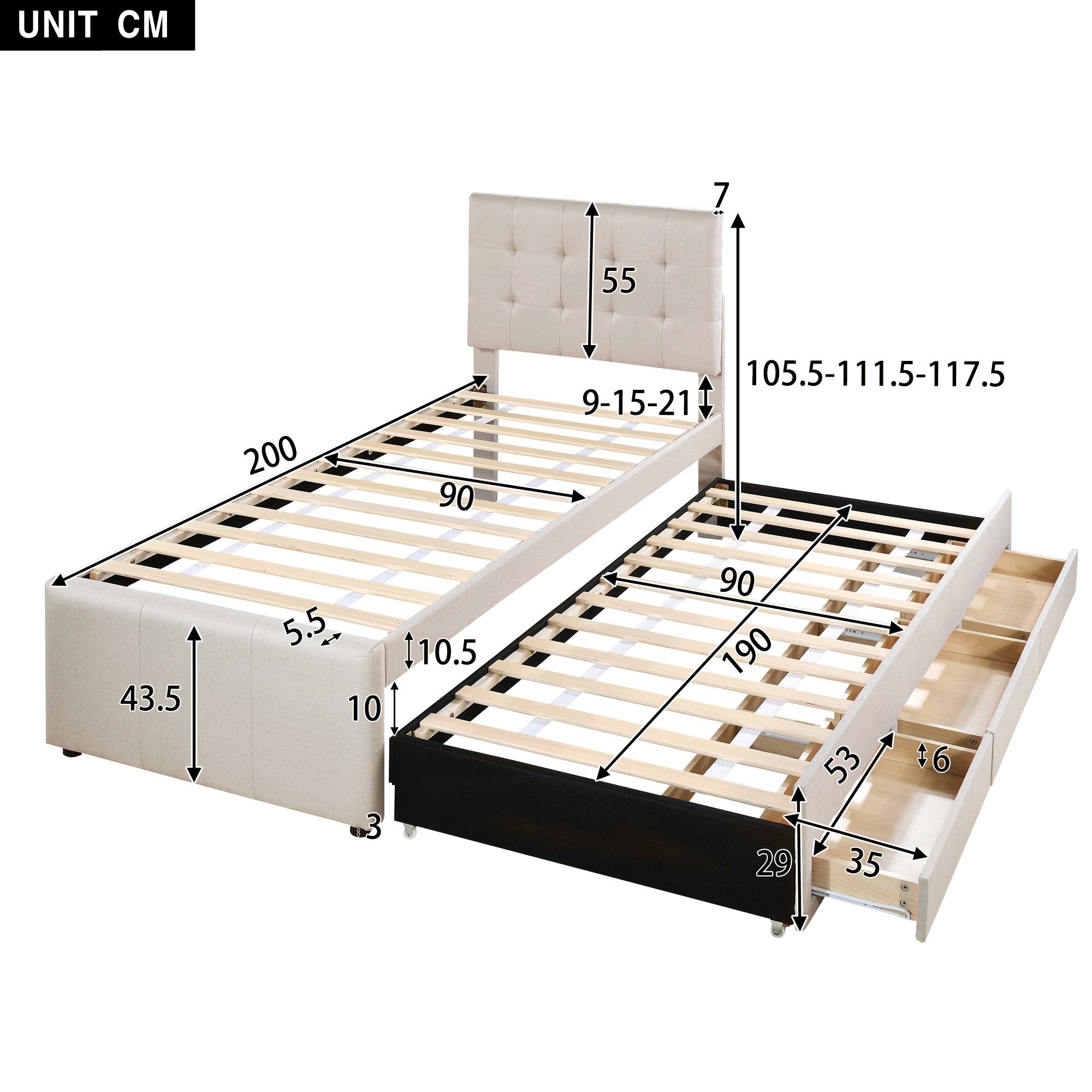 Flieks Polsterbett, Einzelbett 90x200cm mit 3 Schubladen und Unterbett 90x190cm