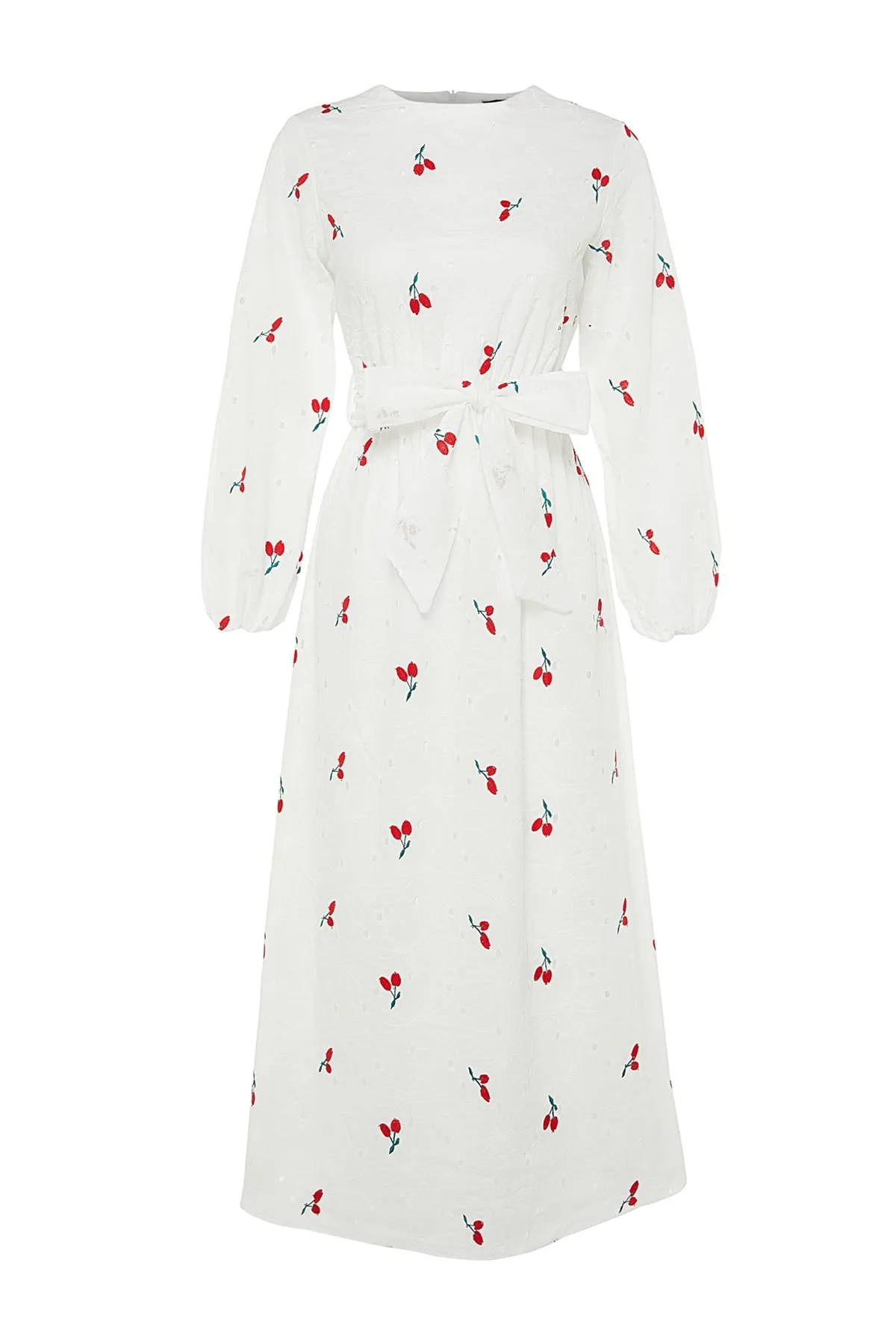 Trendyol Modest  Ecrufarbenes, gefüttertes Kleid aus 100 % Baumwolle mit Stickereien, Gürtel und detaillierten Stickereien TCTSS23EB00136